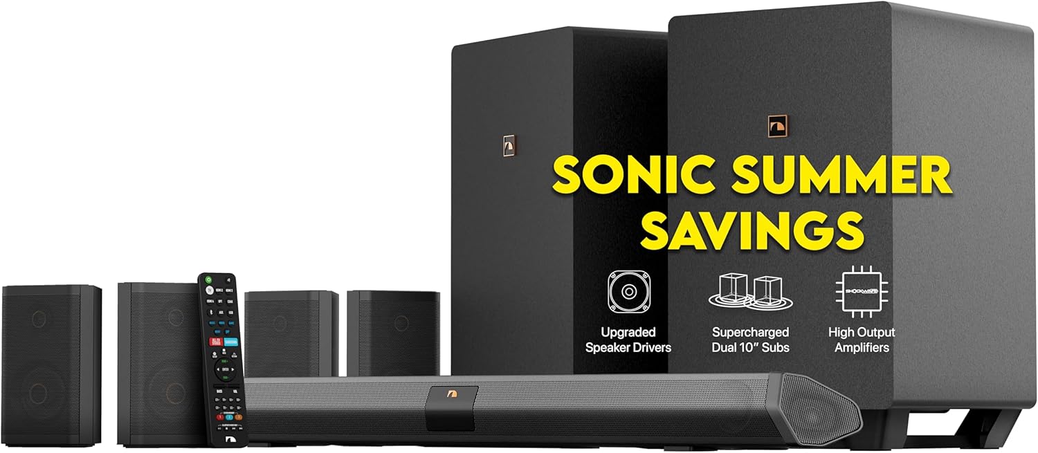 Nakamichi Shockwafe Ultra 9.2.4 Channel Dolby Atmos/DTS:X Soundbar with Dual 10" Subwoofers (Wireless), 4 Rear Surround Effects Speakers, eARC and SSE Max Technology (Flagship)