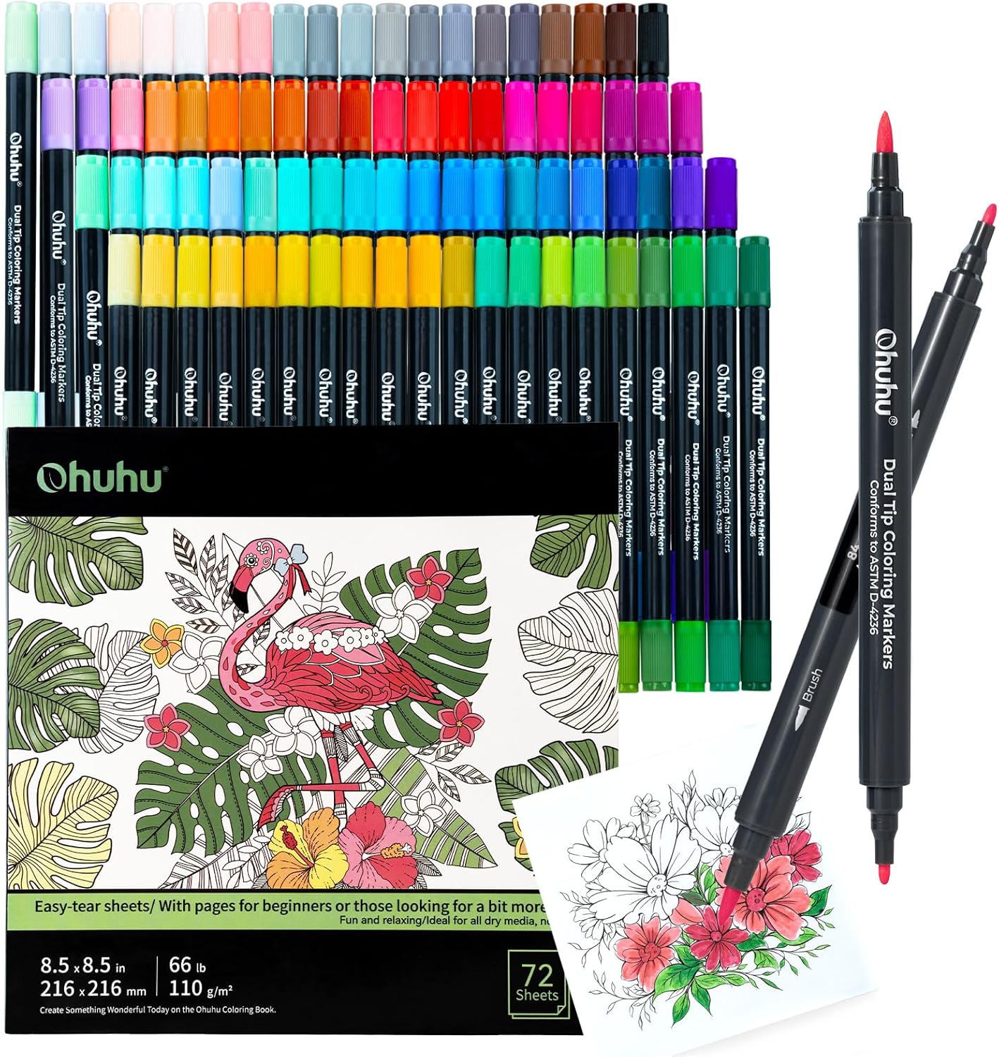 Ohuhu Markers Brush Tip 80 Colours with 72-Sheet Stress-Relief Colouring Book - Dual Tip Markers for Adults Colouring Books - Art Marker Set with 100% Bleed-Proof Colouring Pages - Fine & Brush