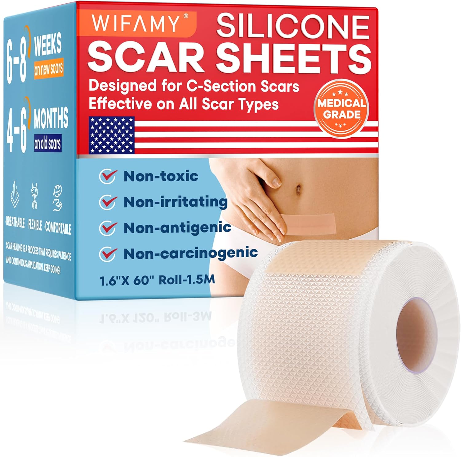 Wifamy Silicone Scar Sheets for Women: Medical Grade Scar Removal C-Section Recovery & Post-Surgery Care (1.6"X 60" Roll-1.5M)