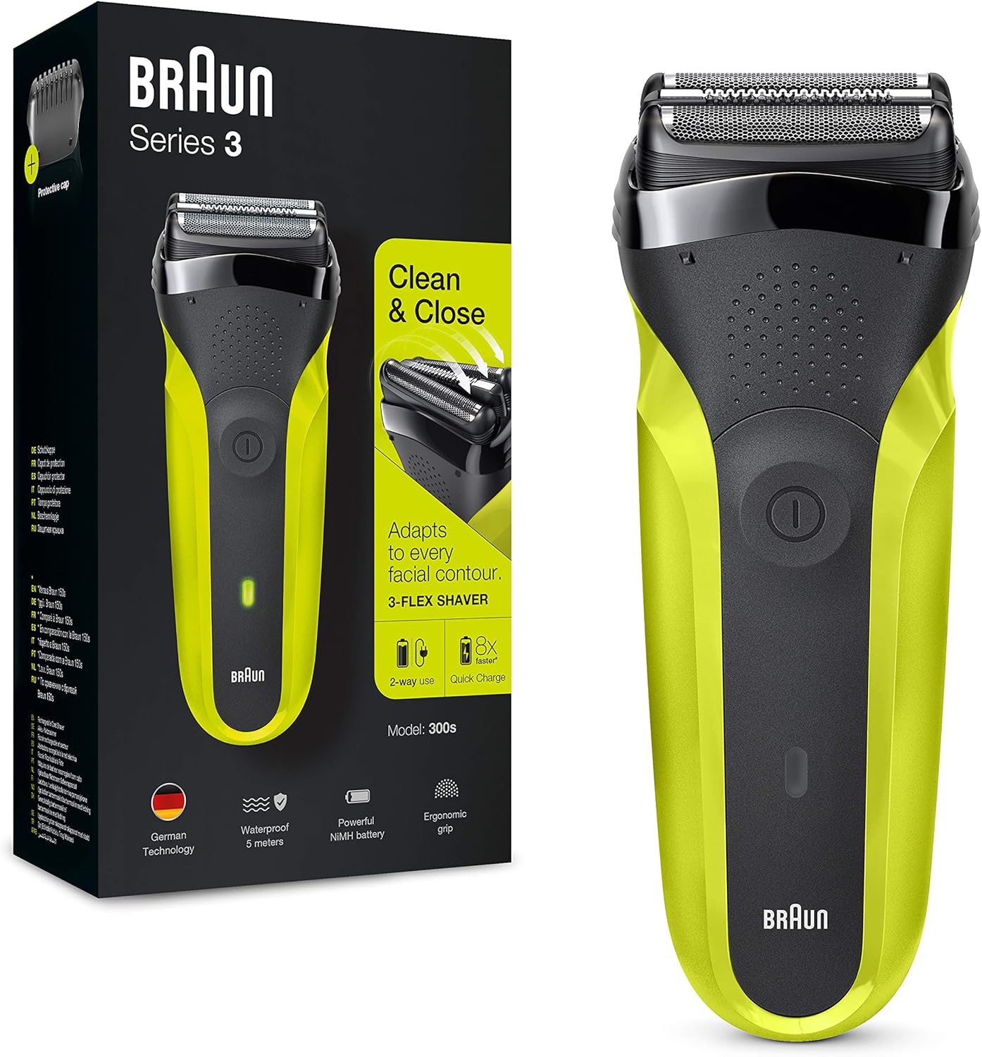 Braun Series 3 300S Electric Shaver with 3 Flexible Blades, Rechargeable and Cordless, Electric Shaver with Washable Film, Black/Electric Green
