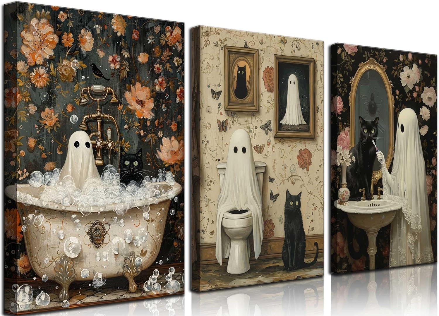 3Pcs Halloween Ghosts Canvas Wall Art Ghost on ToiletBlack Cat Funny Gothic Wall Decor Pictures Retro Horror Creepy Dark Academia Posters Prints for Bathroom Gallery Street Bar Home Decor (canvas, 16x24inx3pcs)