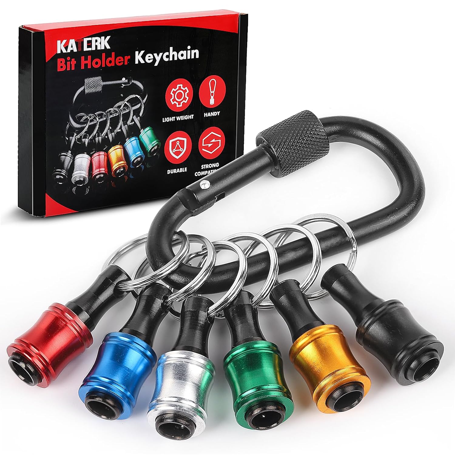 katerk 6pcs 1/4 inch Hex Shank Aluminum Alloy Screwdriver Bits Holder Light-Weight Quick-Change Extension Bar Keychain Drill Screw Adapter Change Portable（6 Colors with Black Carabiner