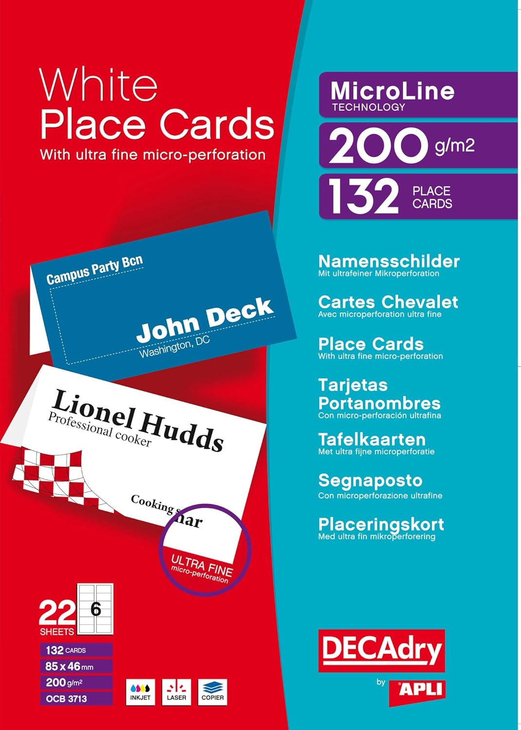 DECAdry Place Cards for Folding 200gsm 6 per A4 Sheet 85x46mm when Folded - Ref OCB3713-3 (Pack of 1(132 Cards)
