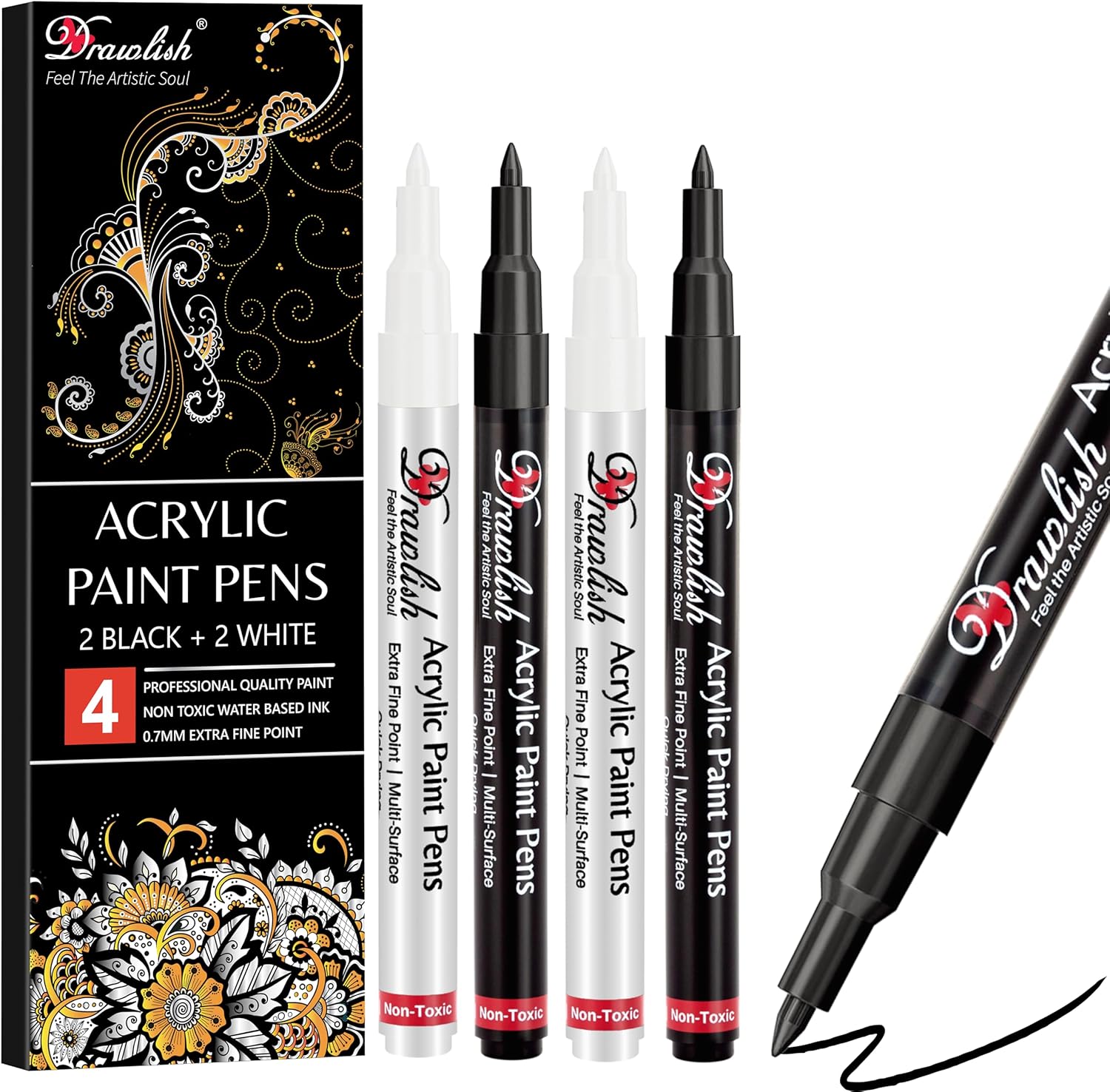 Drawlish Acrylic Paint Pens, Black & White Pen Set of 4 Glass Paint Markers 0.7mm Extra Fine Tip | Ideal for Wood, Fabric, Porcelain, Ceramic, Stone, Rock Painting and more