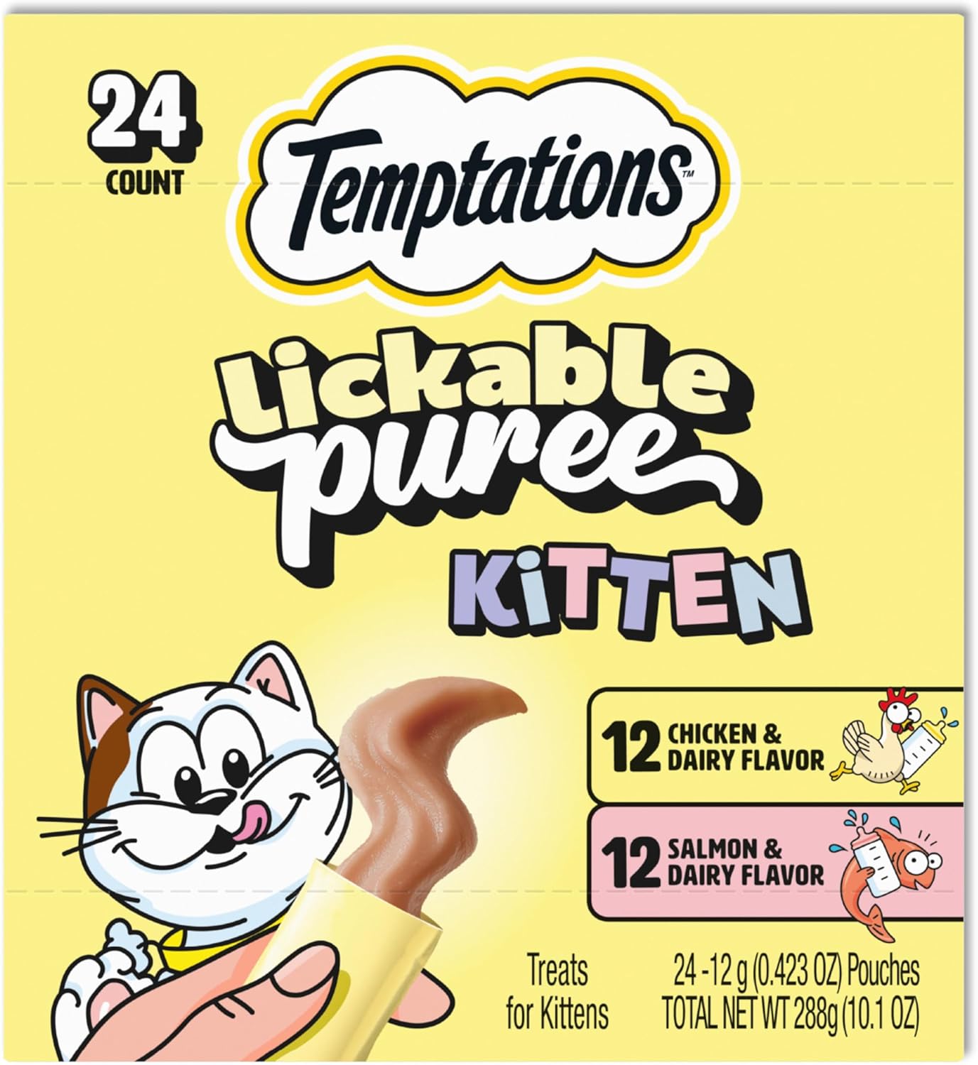 Temptations Puree Kitten Treats Lickable, Chicken and Salmon Variety Pack, 24 Pouches
