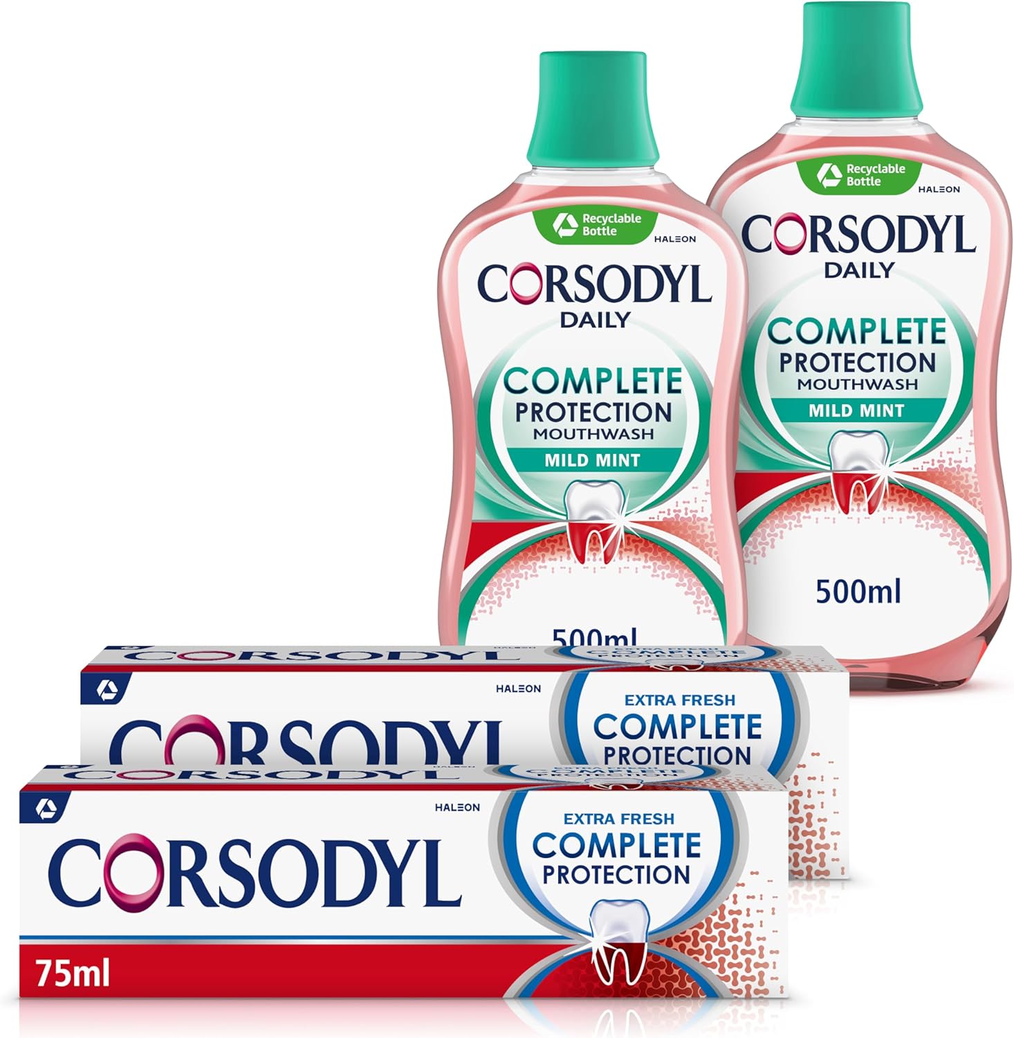 Corsodyl Complete Protection Bundle: 2X Complete Protection Extra Fresh Toothpaste 75ml & 2X Corsodyl Mild Mint Mouthwash
