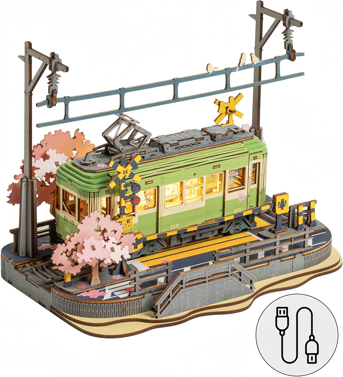 ROWOOD Sakura Journey 3D Puzzle, Wooden Model Kits for Adults to Build, DIY Japanese Classic Sakura Tram Scene Construction Craft Kits, Ideal as Christmas and Birthday Gift