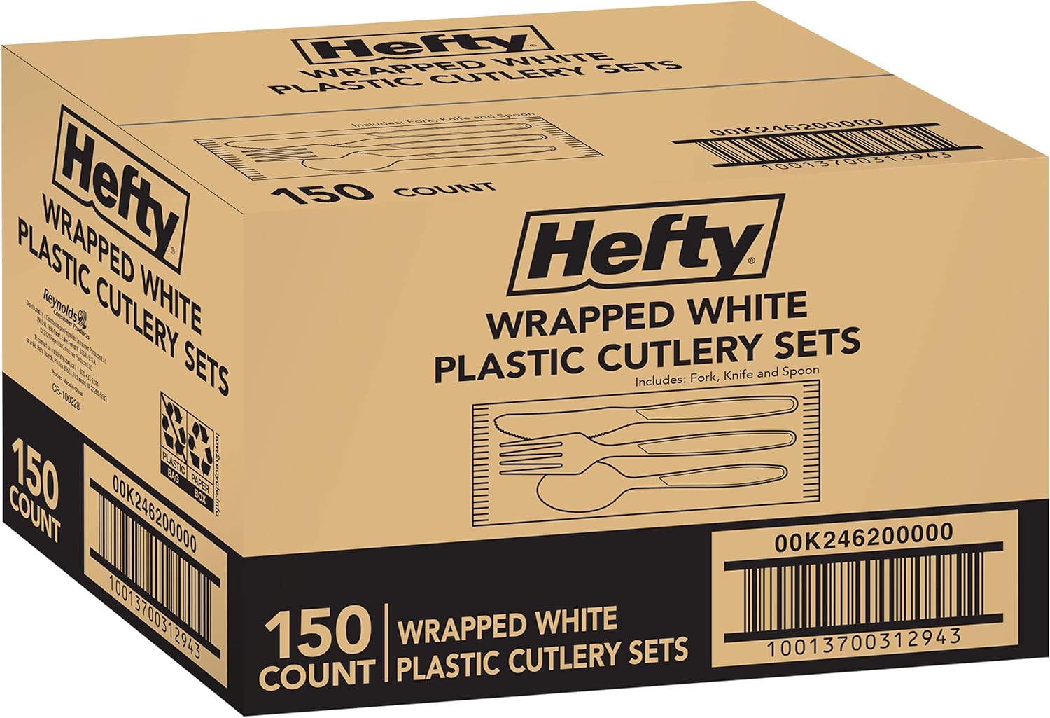 Hefty Wrapped Disposable Plastic Utensils Set, 150 Count, White Disposable Utensils for Picnics, BBQs, Camping, Parties, and More, Includes Forks, Spoons, and Knives