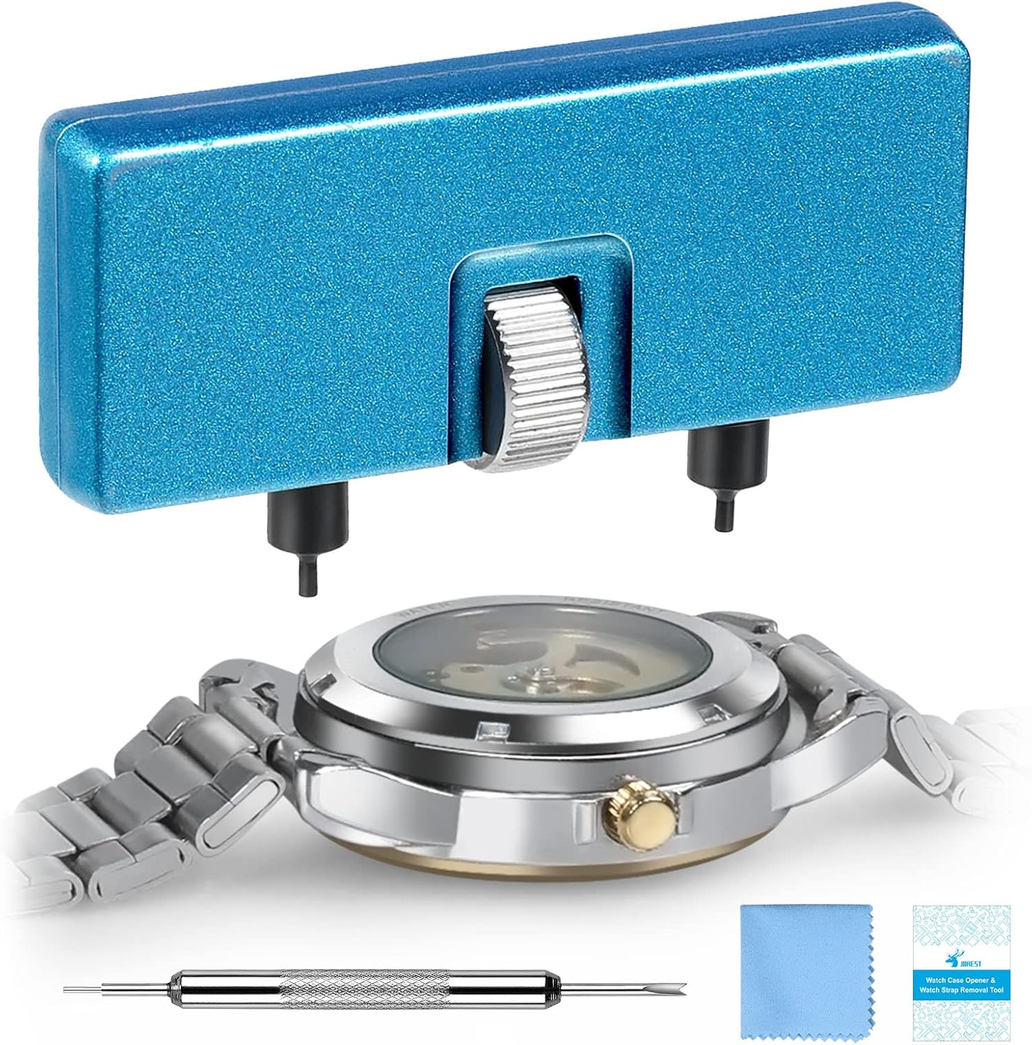 JOREST Watch Battery Replacement Kit, Watch Back Remover for Rotate Open Watch Cover, Watch Opening Tool, Watch Strap Removal, Watch Case Opener with Anti-scratch film, Spring Bar, Instruction Manual