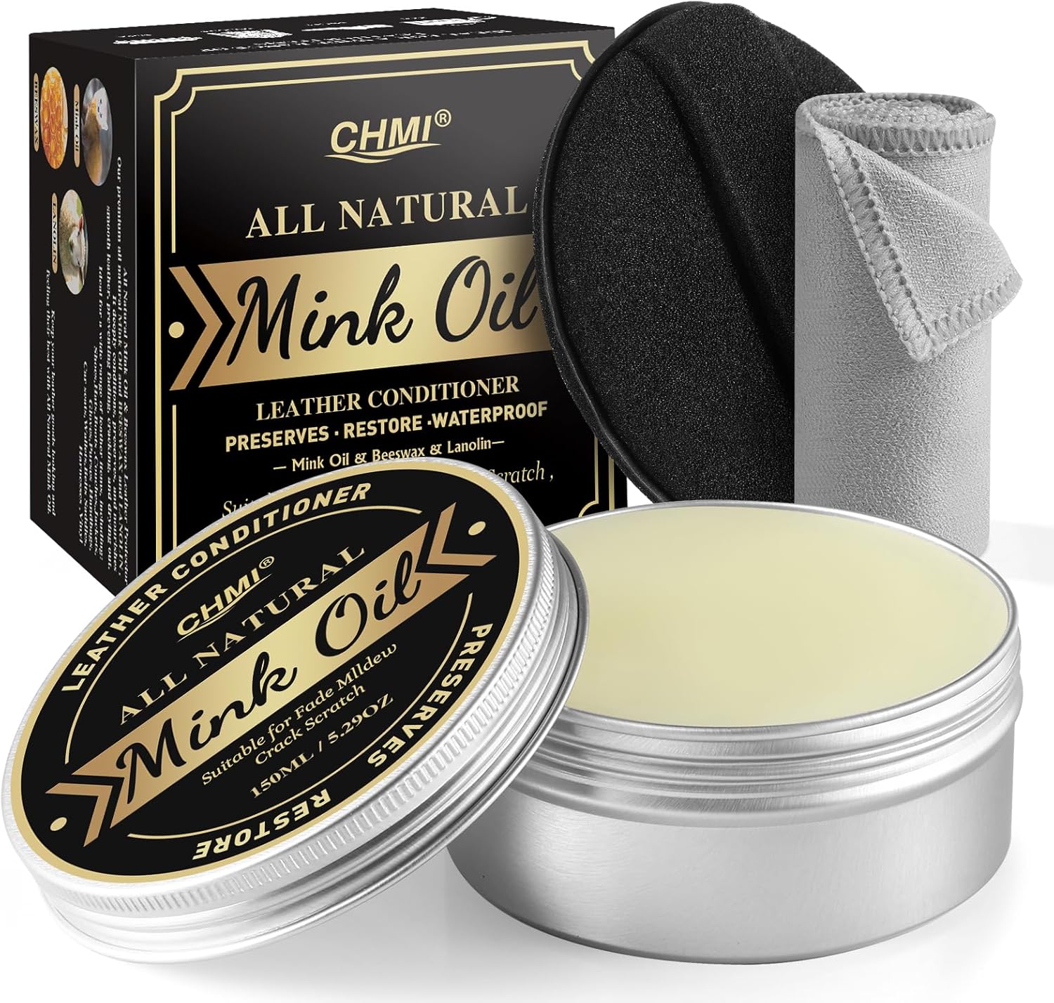 CHMI 5.29 oz Mink Oil for Leather Boots, 3-in-1 Leather Cleaner and Conditioner, All-Natural Waterproof Formula, Mink Oil Leather Conditioner for Restore Shoes, Jacket, Hat, Sofa, Wallet