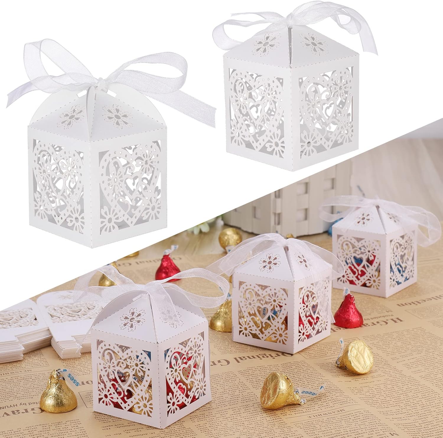 50 Pcs Wedding Favour Boxes, Carved Hollow Small Gift Box for Personalised Sweets, White Favour Boxes with Ribbon, Wedding Favours Box for Guests Party Decoration Hold Candy Chocolate(5x5x7cm)