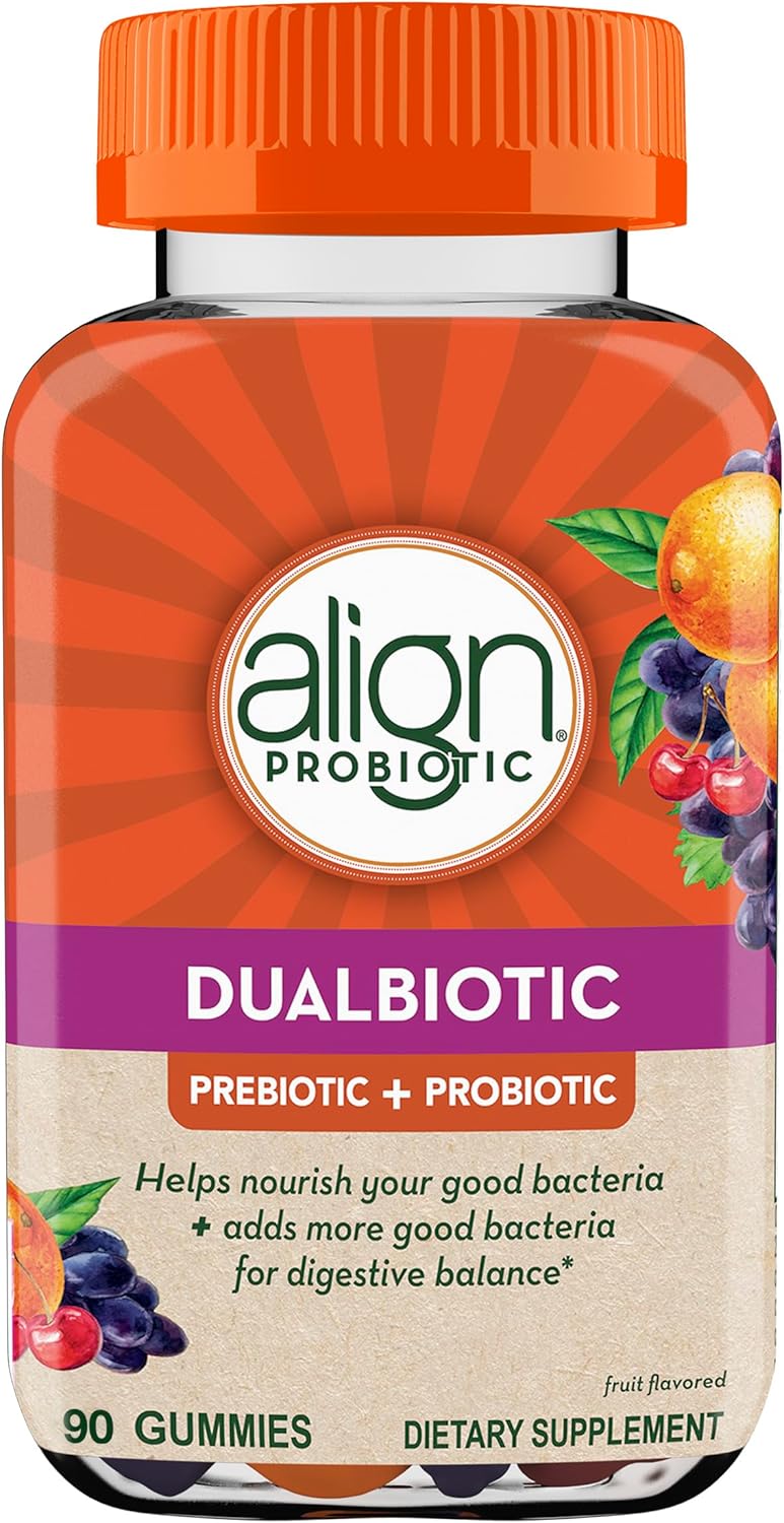 Align DualBiotic, Prebiotic + Probiotic for Women and Men, Help Nourish and Add Good Bacteria for Digestive Support, Natural Fruit Flavors, 90 Gummies