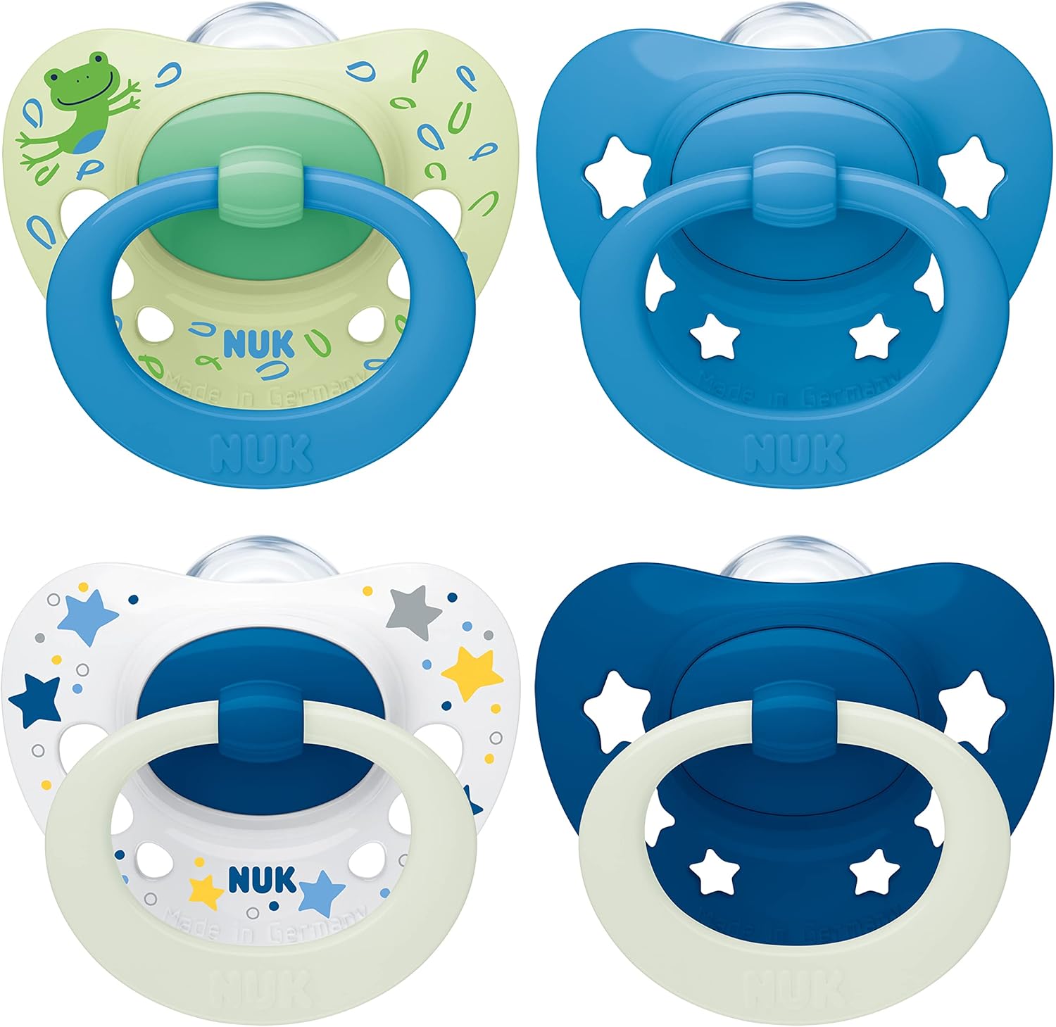 NUK Signature Day & Night Baby Dummy | 18-36 months | Soothes 95% of Babies | Heart-Shaped BPA-Free Silicone Soothers | Glow-in-the-Dark | Stars | 4 Count