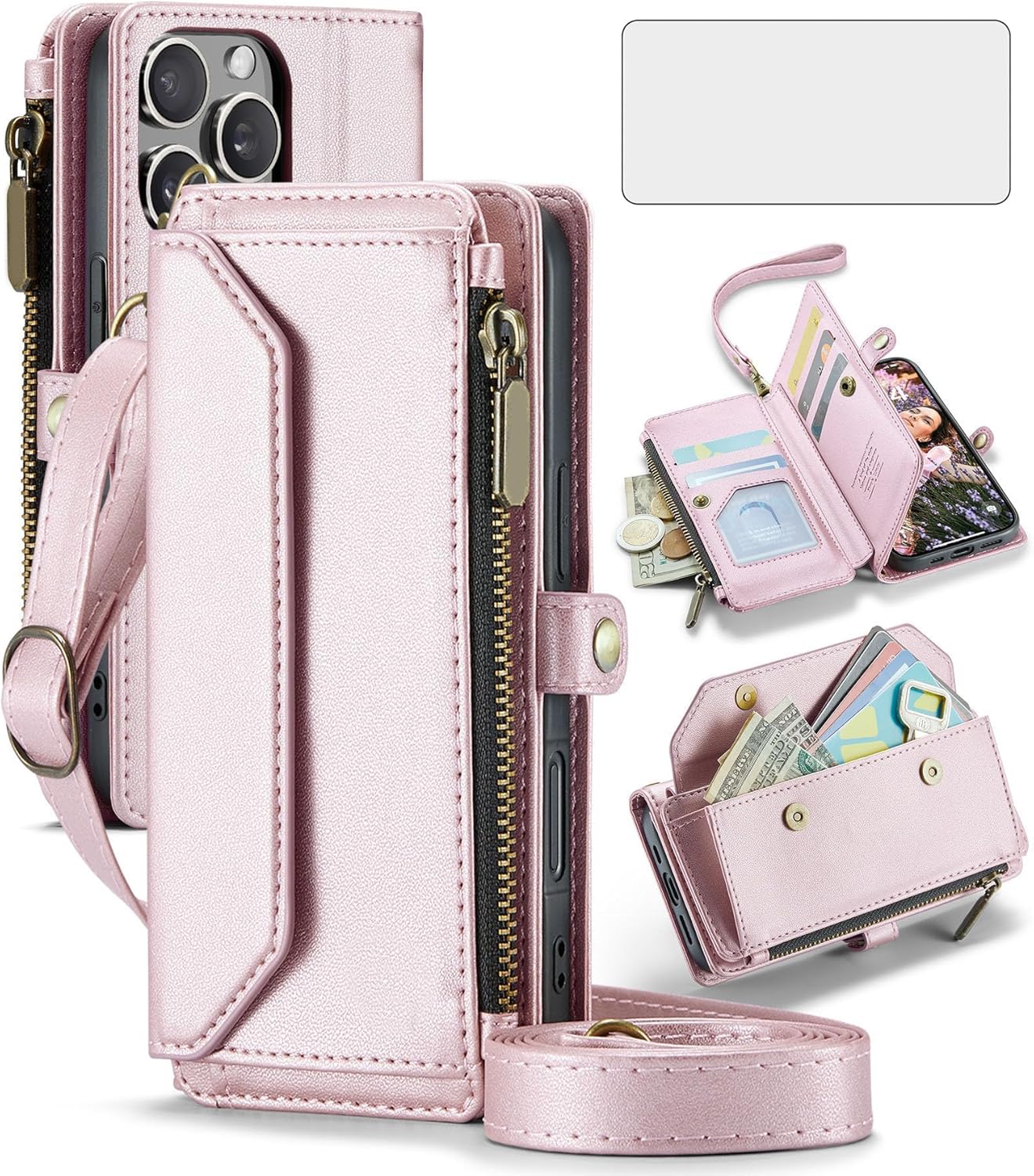 Phone Case for iPhone 16 Pro 6.3 inch Zipper Wallet Cover with Tempered Glass Screen Protector and Crossbody Wrist Strap Flip RFID Blocking Credit Card Holder Cell i Phone16 i16 16Pro Women Rose Gold