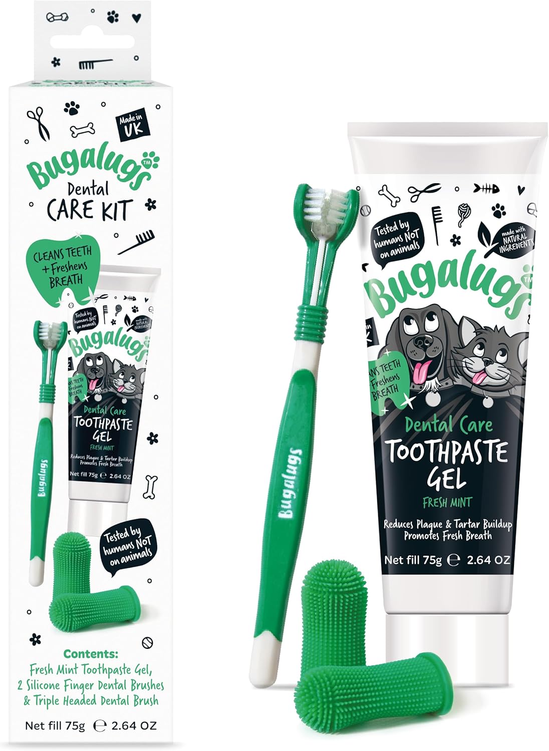 Bugalugs Dog Toothbrush and Toothpaste Kit Includes Cats & Dog Toothpaste, 2 x Finger Cat Toothbrush, 1 x Dog Toothbrush Dog Teeth Cleaning Products for Dog Plaque Remover & Dog Breath Freshener