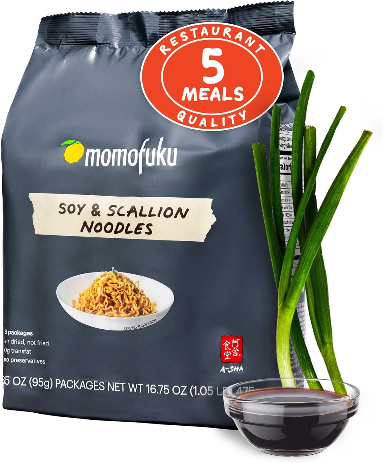 Momofuku Soy & Scallion Ramen Noodles by David Chang, 5 Count (Pack of 1) Air-Dried Vegan Instant Noodles with 11g of Plant Based Protein