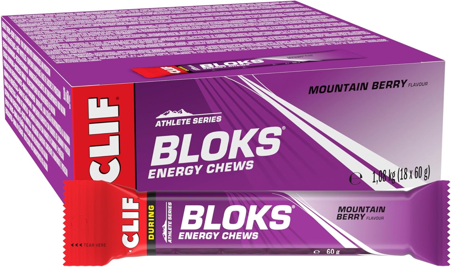 CLIF Bar BLOKS Energy Chews - Mountain Berry - Plant Based - Quick Energy for Cycling and Running - Workout Snack - 18 x 60 g