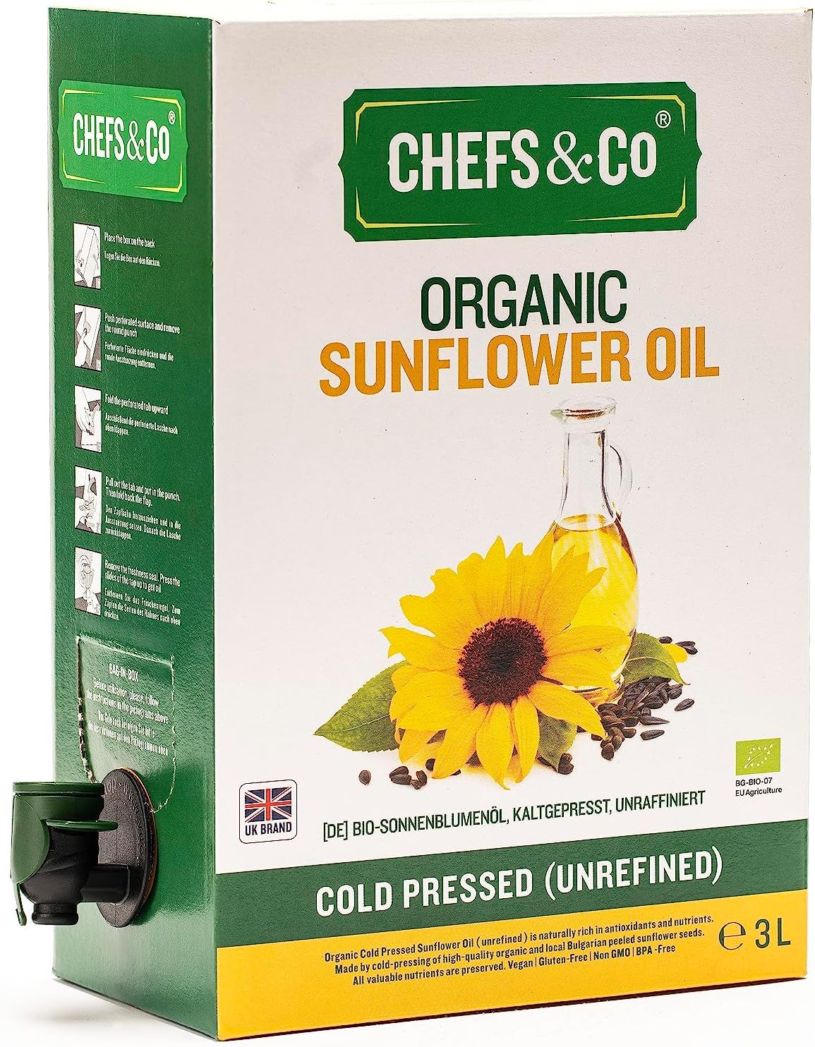 CHEFS & CO Organic Sunflower Oil | Plant-Based Oil | Ideal for Baking, Sautéing & Dressings(COLD PRESSED, 3L(Pack of 1))