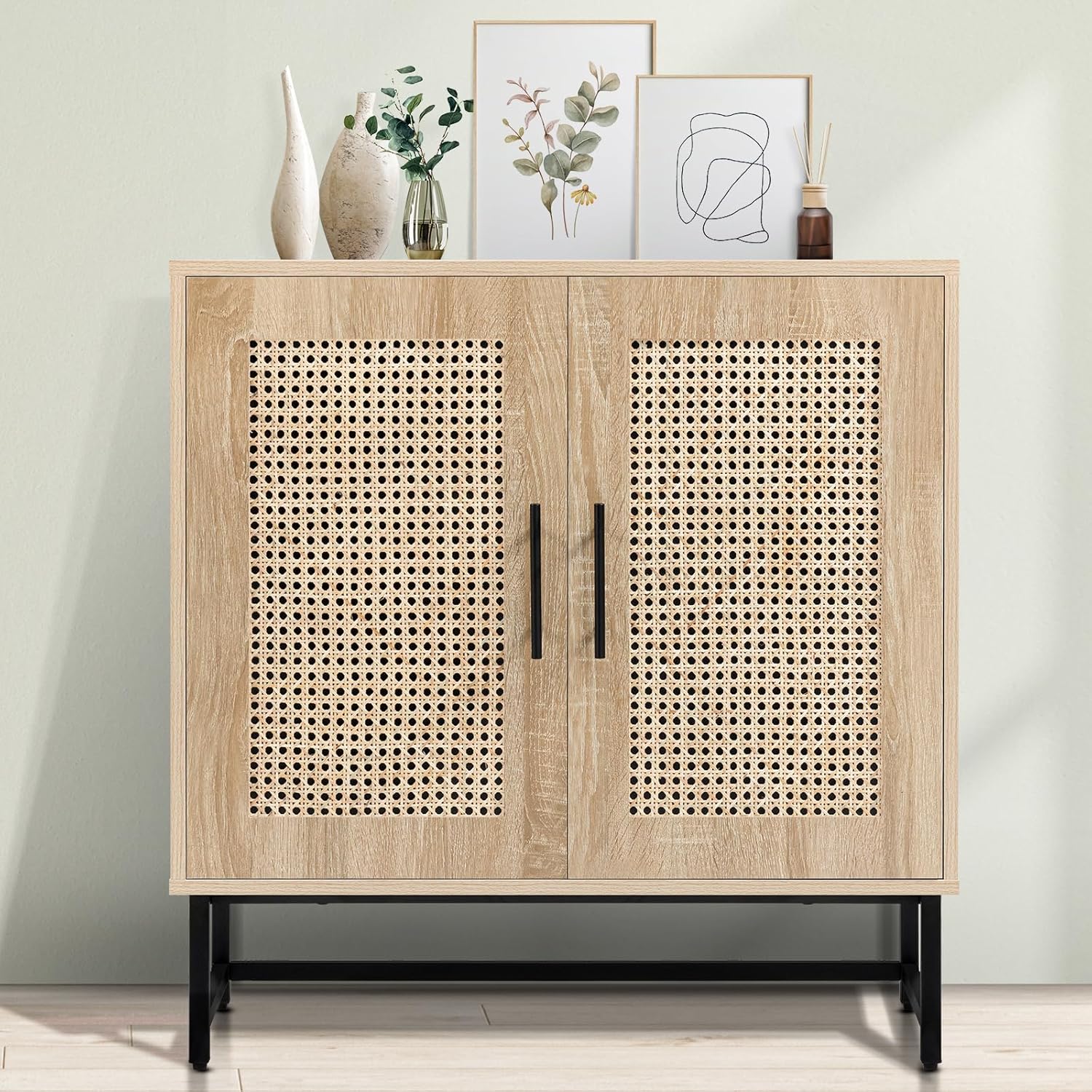 KFO Storage Cabinet with Handmade Natural Rattan Doors, Rattan Cabinet Sideboard Buffet Cabinet, Accent Cabinet for Living Room, Hallway, Dining Room, Entryway