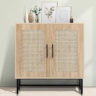 KFO Storage Cabinet with Handmade Natural Rattan Doors, Rattan Cabinet Sideboard Buffet Cabinet, Accent Cabinet for Living Room, Hallway, Dining Room, Entryway