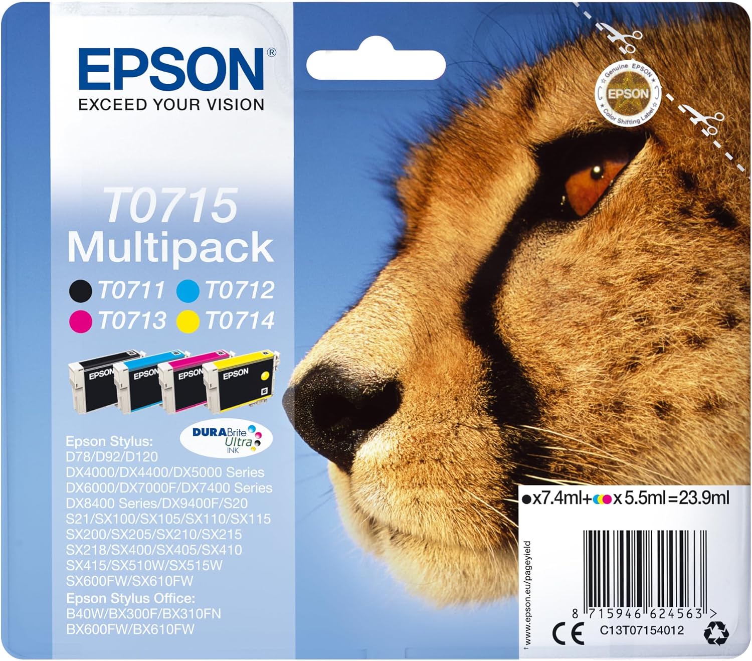 Epson T0715 Black Cyan Magenta Yellow Inkjet Cartridge Value (Pack of 4) C13T07154012