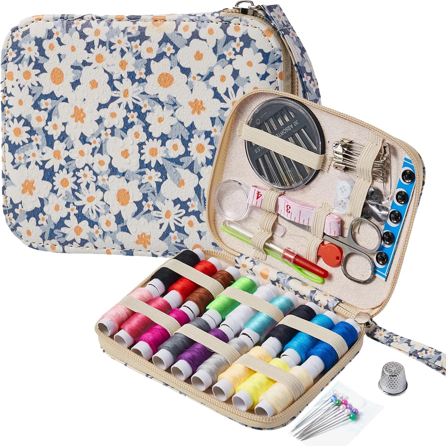 Arts & Crafts Sewing Tools Daisy Sewing Kit,PU Printing Sewing Set Professional Sewing Supplies with Zipper Sewing Set Case, 87 PCS Travel Sewing Accessory for Emergency, Home