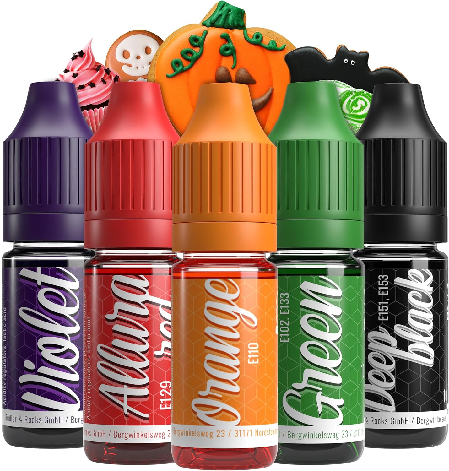Belissia food colouring set Halloween - 5x10ml liquid & highly concentrated - food-safe food colouring for baking, cooking, fondant & DIY - vegan, strong colouring, neutral taste