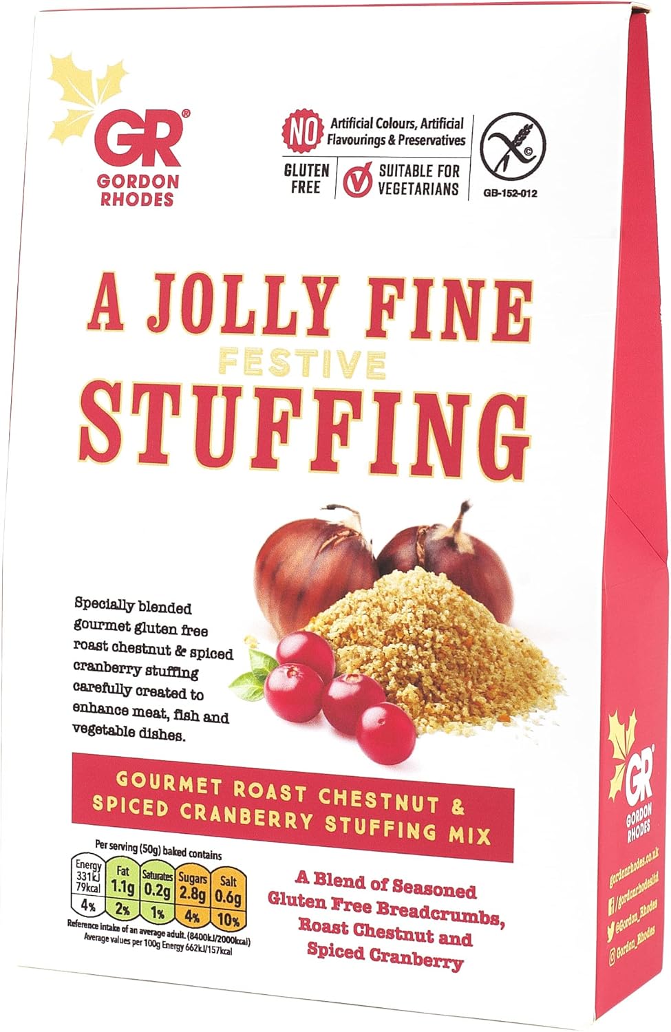 Gordon Rhodes' Gourmet Roast Chestnut and Spiced Cranberry Stuffing Mix is Gluten Free and Easy to Prepare to Enhance Meat, Fish and Vegetable Dishes. Vegan Approved (1 x 125gm)