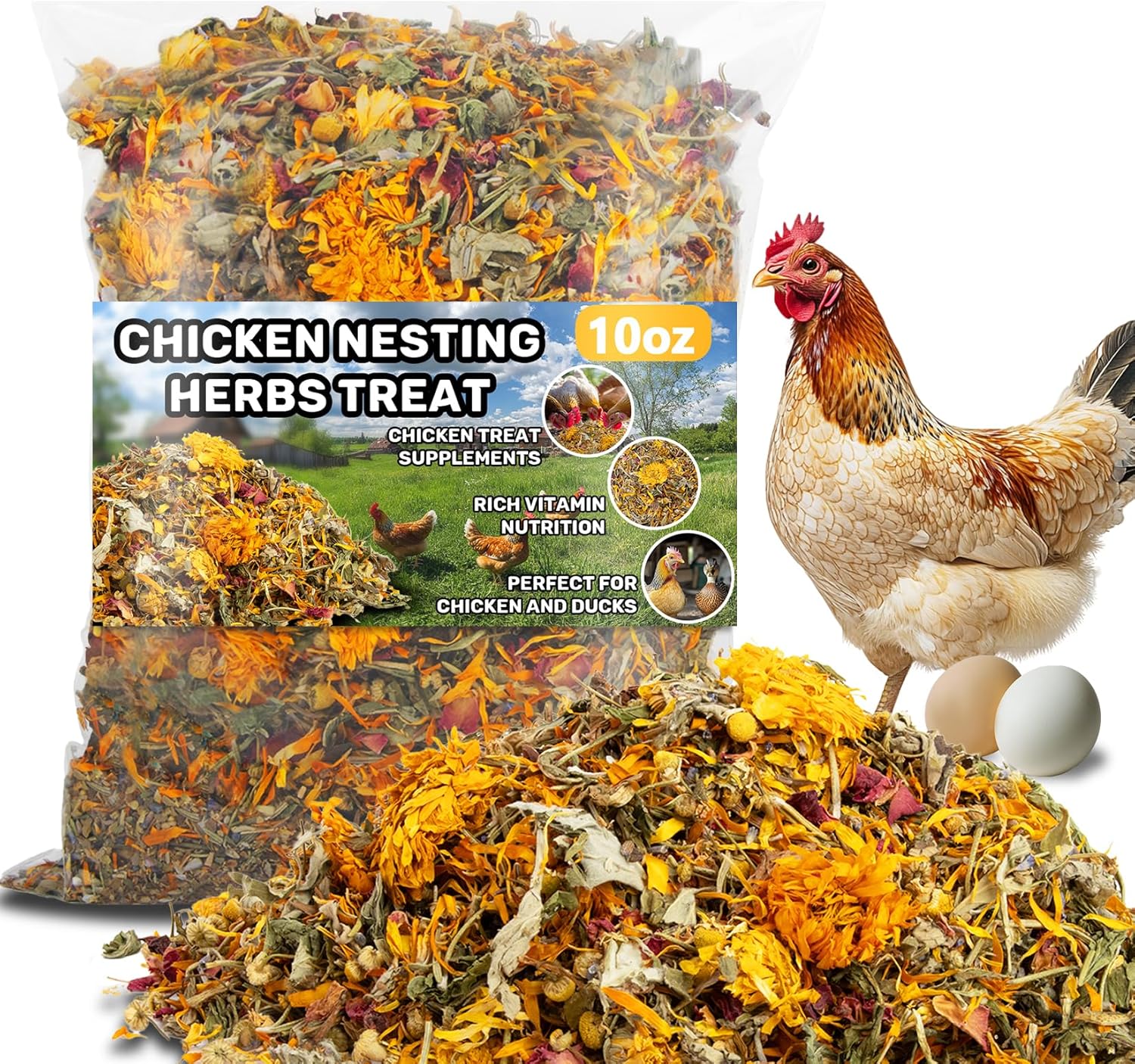 10oz Chicken Nesting Herbs - Dried Herb Layer Feed Coop and Run Insulation Roosting Bars for Box Pads Supplies Laying Hens Chicks Vacuum Packed Bedding Winter
