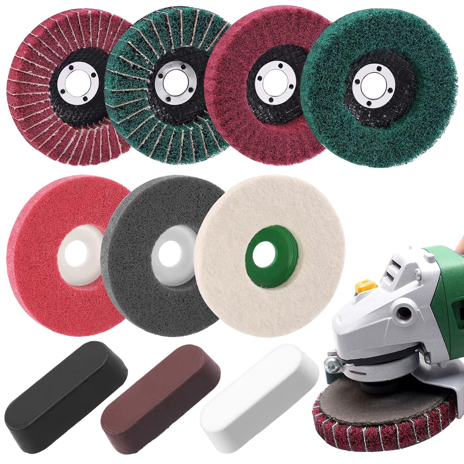 17 Pcs 4'' Polishing Buffering Wheels Assorted Set with Compound Includes 14 Pcs Wool & Nylon Fiber Sanding Flap Discs and 3Pcs Black, Brown & Green Compounds for Angle Grinder