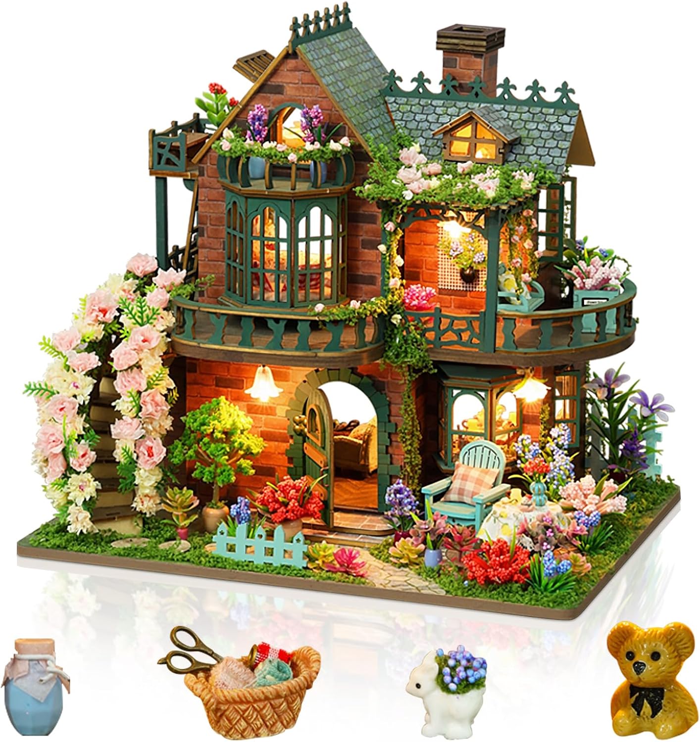 Cuteefun DIY Miniature Dollhouse Kit, Wooden Dollhouse with LED, Unique Handmade Crafts for Adults Teen, Building Your Dream House Model (Elfin Garden)