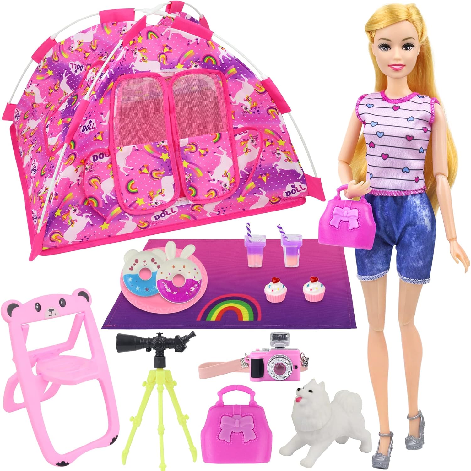 Ecore Fun 15 Pc Camping Accessories Set for 11.5 Inch Girl Doll - Includes Tent, Clothes, Chair, Camera, Drink, Cupcake, Donut, Telescope, Dog, Bag