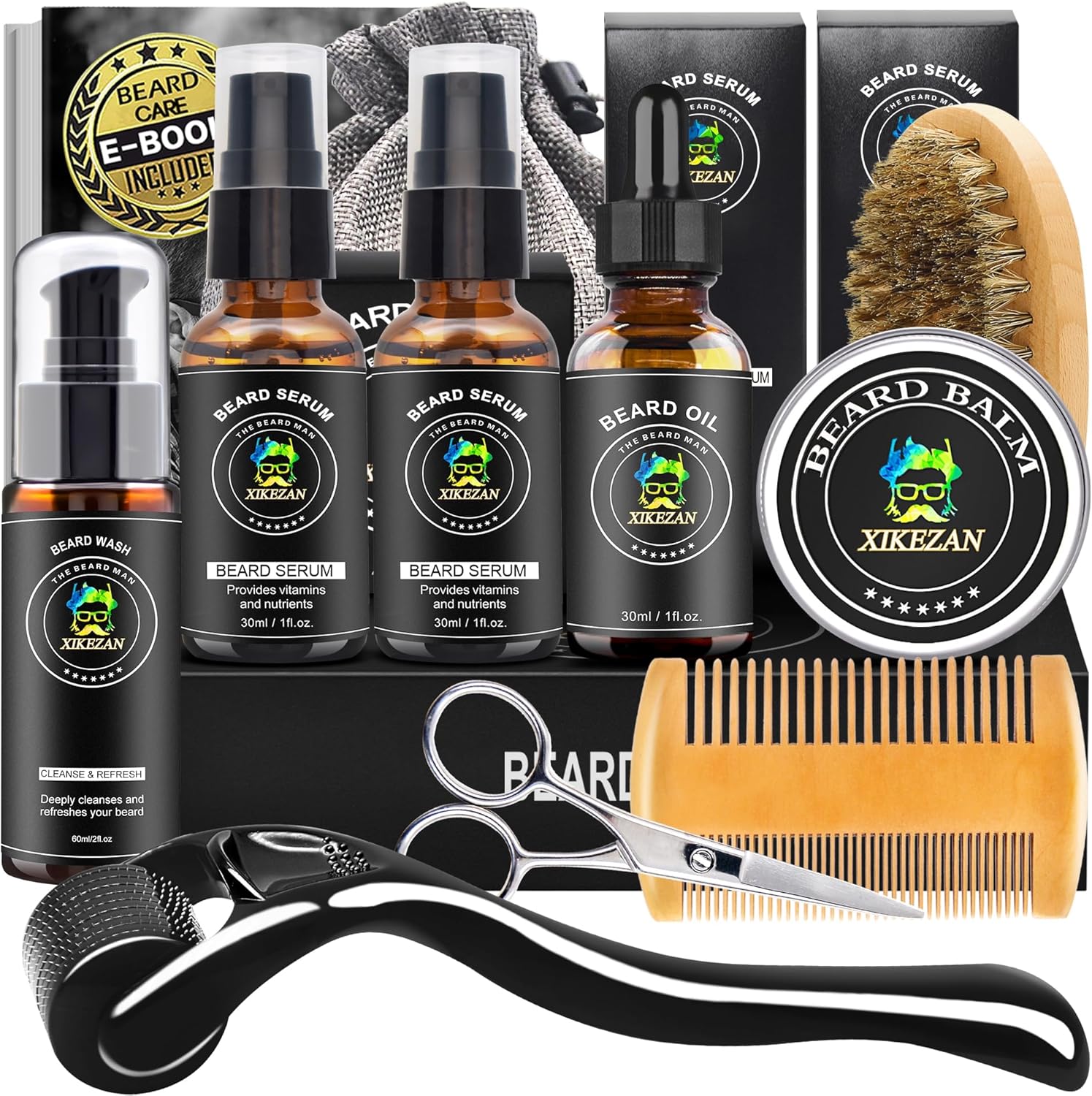 Beard Growth Kit w/Beard Wash,2 Pack Beard Growth Serum,Beard Growth Oil,Beard Balm,Comb,Brush,Scissor,Bag,E-Book,Beard Care Grooming Kit Christmas Stocking Fillers Gifts for Men Him Dad Husband