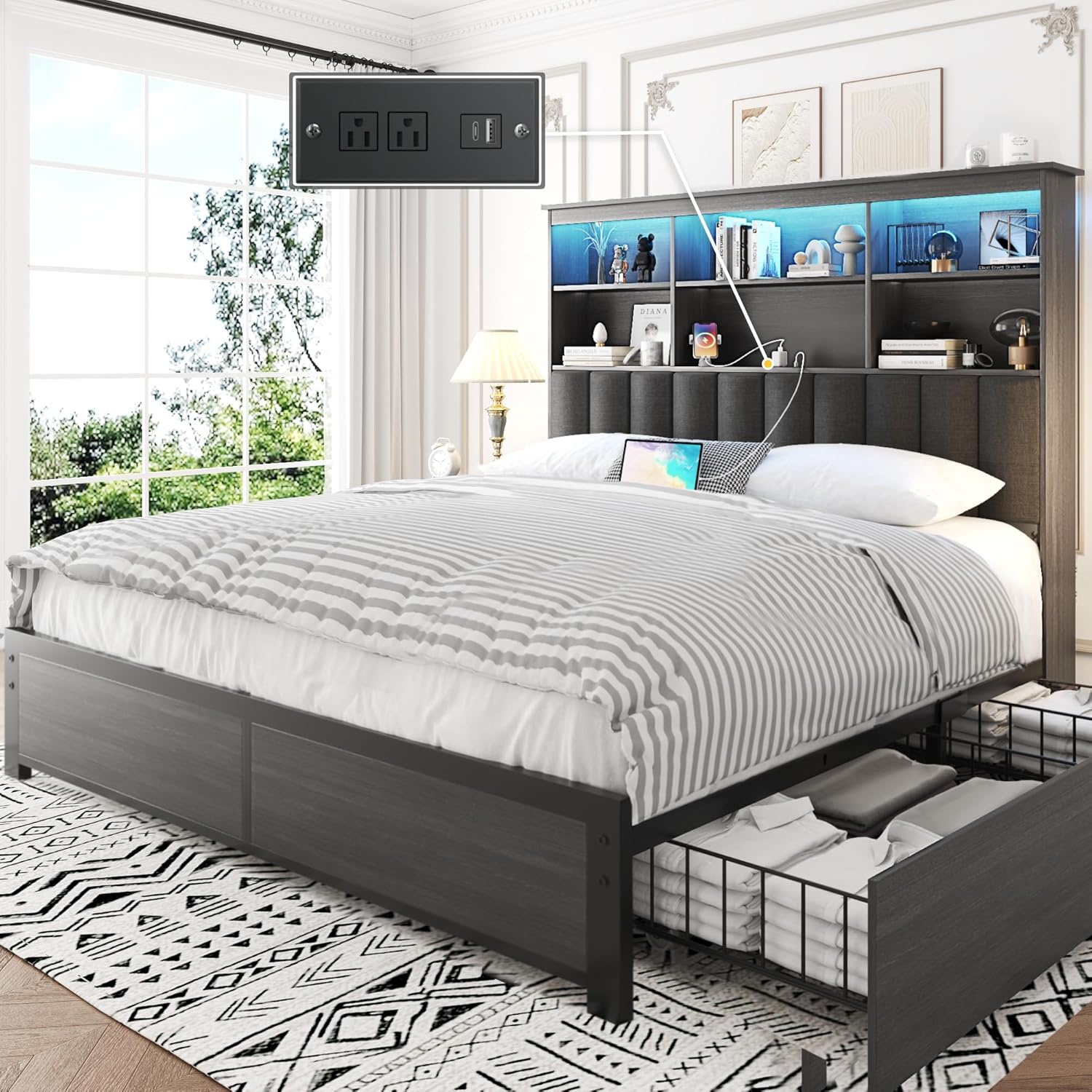 Lifezone Queen Bed Frame with Headboard, Queen Bed Frame with High Storage Bookcase Headboard, 4 Storage Drawers & Charging Station, No Box Spring Needed/Noise Free/All-Metal Support, Rustic Grey