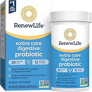 Renew Life Extra Care Probiotic Capsules, Daily Supplement Supports Immune, Digestive and Respiratory Health, L. Rhamnosus GG, Dairy, Soy and gluten-free, 30 Billion CFU, 60 Count