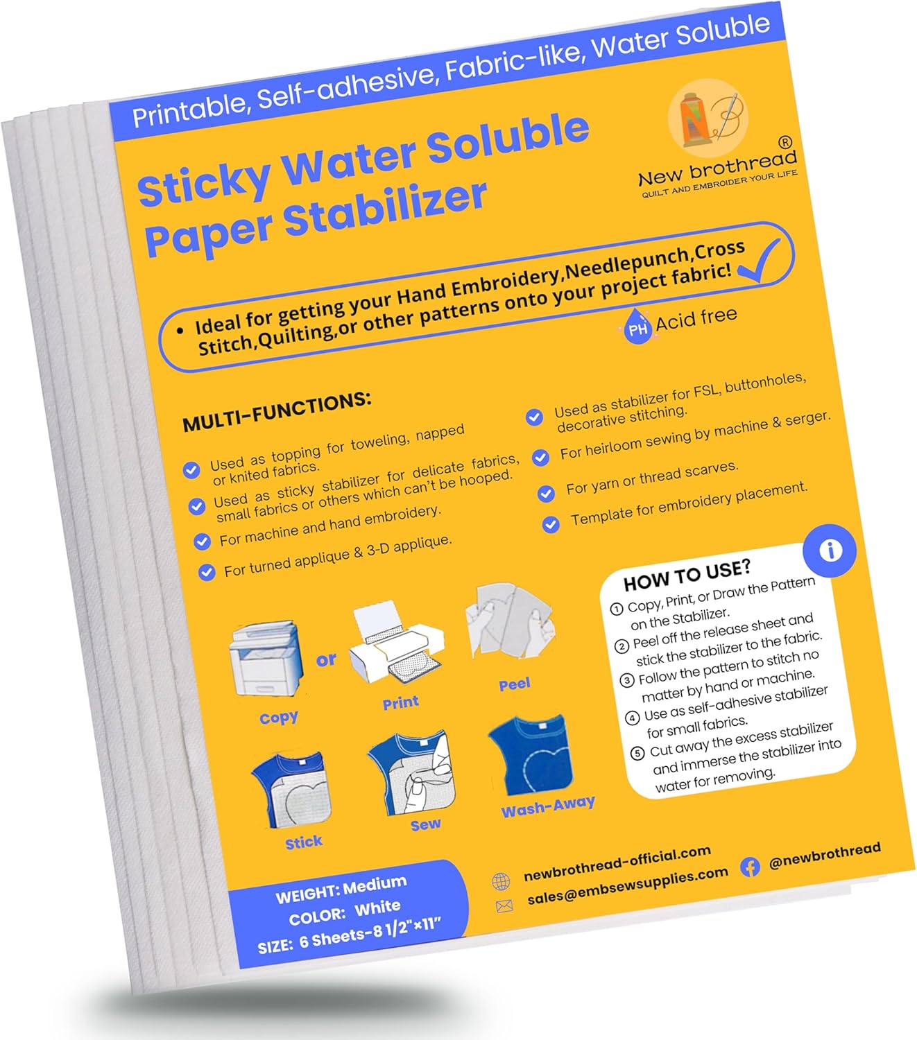 New brothread 6PCS 8.5"x11" Sticky Water Soluble Embroidery Stabilizer Printable Paper Stabilizer - Medium Weight - Allowed for Print or Draw Patterns Best for Hand & Machine Embroidery