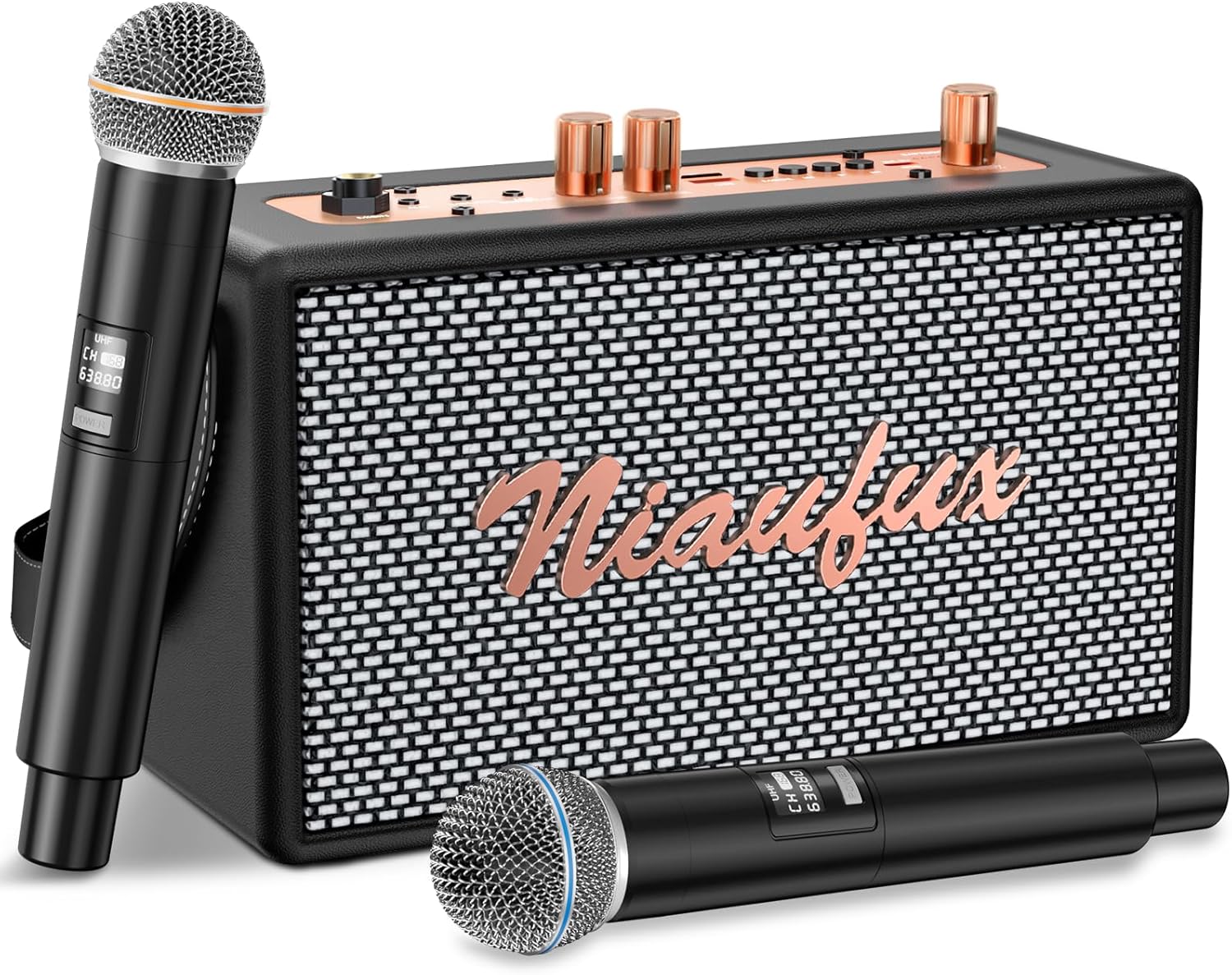 Retro Karaoke Machine with Two Wireless Microphones, Portable Bluetooth Speaker for Adults and Kids, Rechargeable PA System for Home Party, AUX/USB/TF/OTG Support, Vintage Decor Gifts