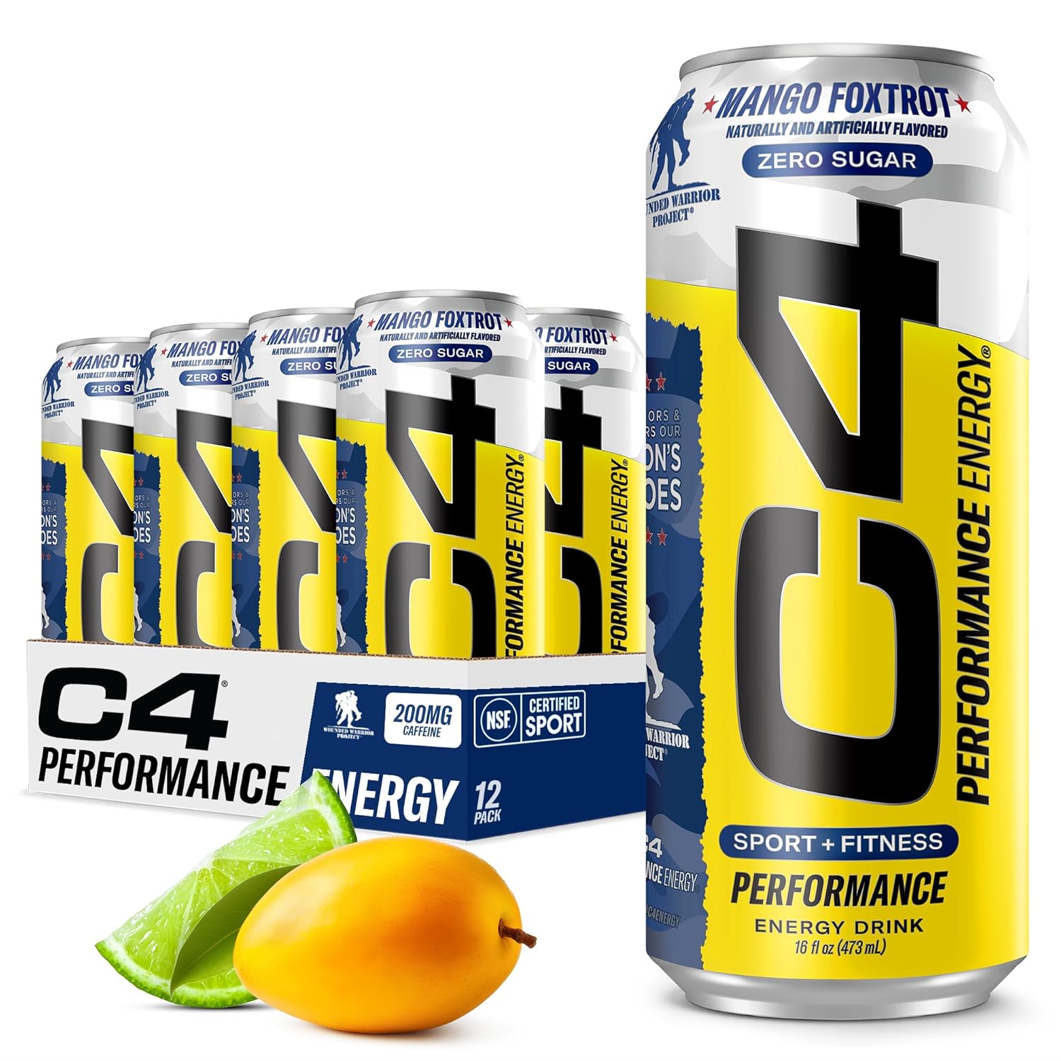 Cellucor C4 Performance Energy Drink | Zero Sugar Carbonated Preworkout Energy | 200mg Caffeine with Beta Alanine | Mango Foxtrot | 16 Fl Oz (12 Pack)
