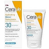 CeraVe Hydrating Sheer Sunscreen SPF 30 for Face and Body, Mineral & Chemical Sunscreen with Zinc Oxide, Hyaluronic Acid, Niacinamides and Ceramides, Paraben Free Fragrance Free, 3 Ounces