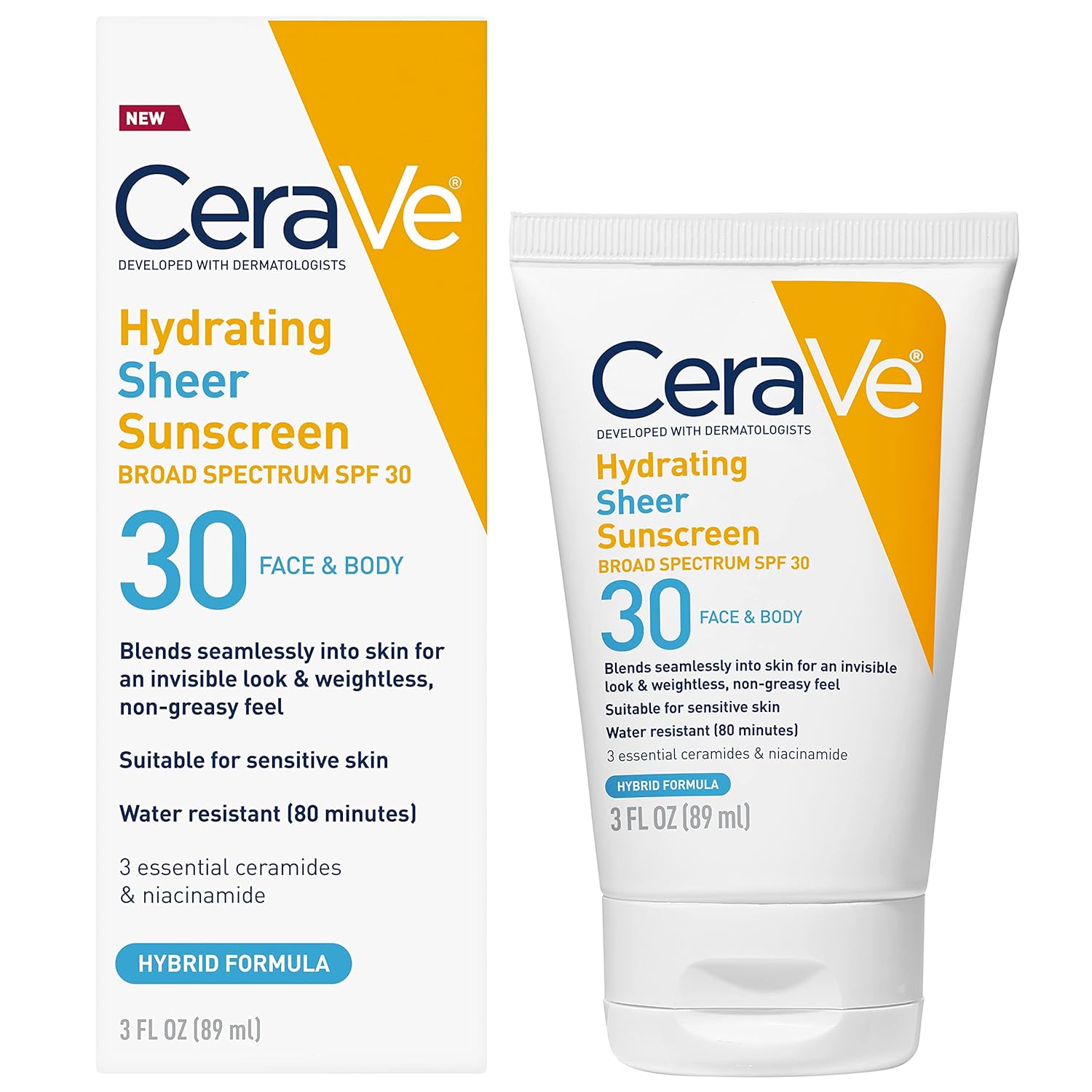 CeraVe Hydrating Sheer Sunscreen SPF 30 for Face and Body, Mineral & Chemical Sunscreen with Zinc Oxide, Hyaluronic Acid, Niacinamides and Ceramides, Paraben Free Fragrance Free, 3 Ounces