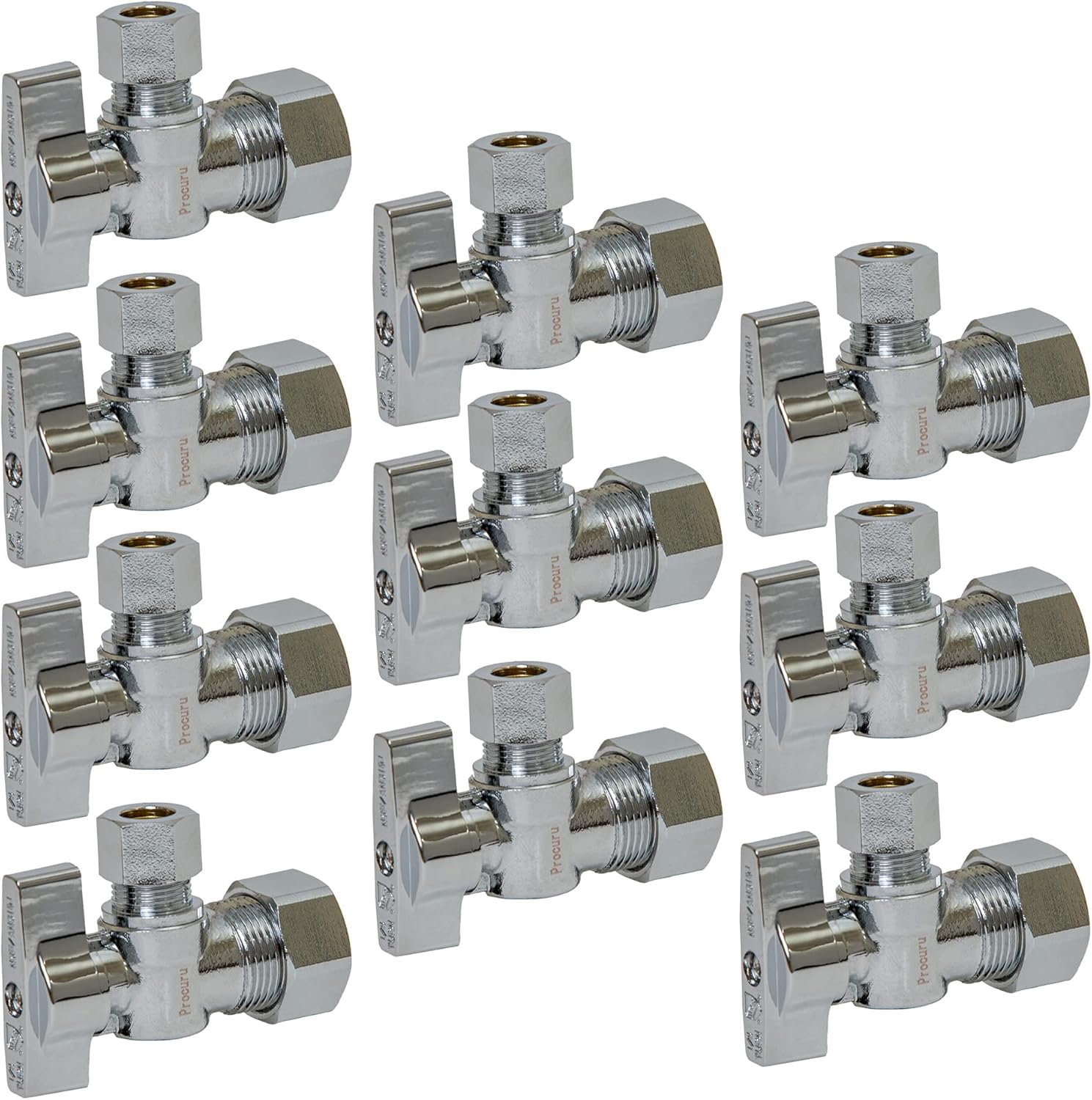[10-Pack] PROCURU Heavy Duty Angle Stop Valve 1/2" Nominal (5/8" OD) Compression x 3/8" OD, 1/4-Turn Operation (PCAS12-10P)