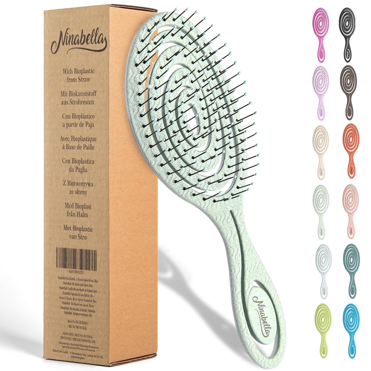 Ninabella Detangle Hair Brush for Women & Men - Does not Pull - Straightening Brushes for Straight & Curly Hair - Unique Spiral Detangling Hairbrush - Green