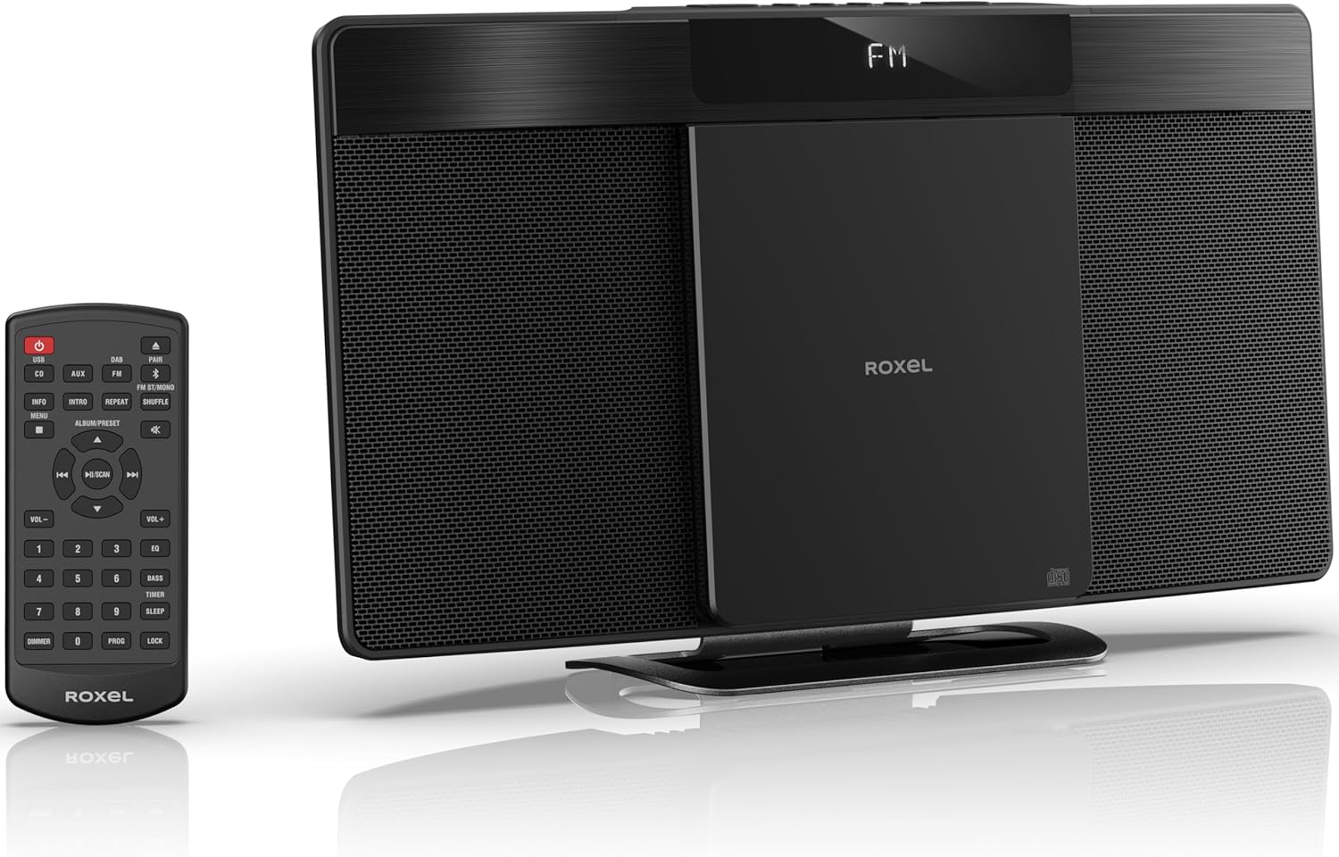 Roxel Micro HiFi System CD Player with FM Radio, Wireless BT V5.4, Powerful Speakers, Wall Mountable, USB & AUX In, Remote Control, Sleek & Flat Design, White LED Display (RCD-200 FM)