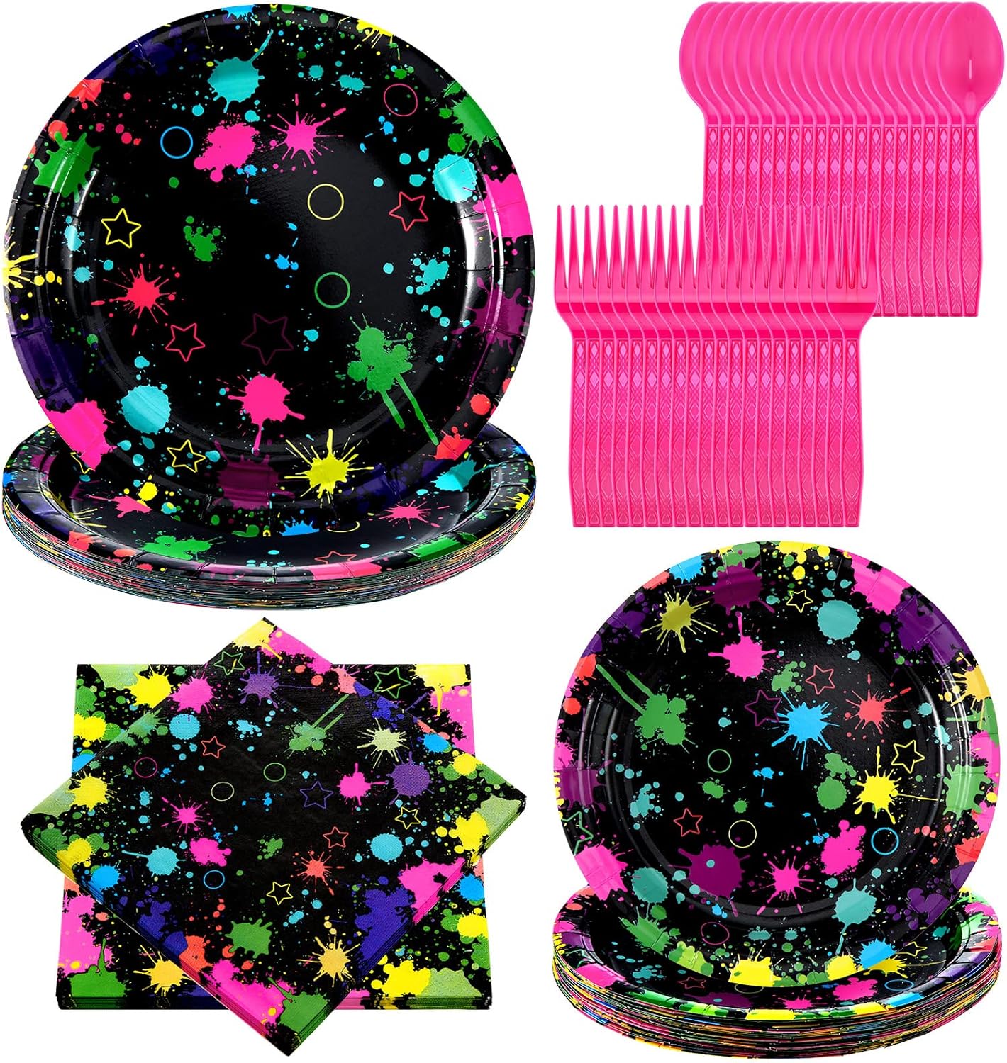 100 Pcs Glow Party Supplies Neon Party Plates Napkins Tableware Neon Glow Birthday Colorful Graffiti Party Decoration Favor for Glow Party Neon Party (Fluorescent Style)