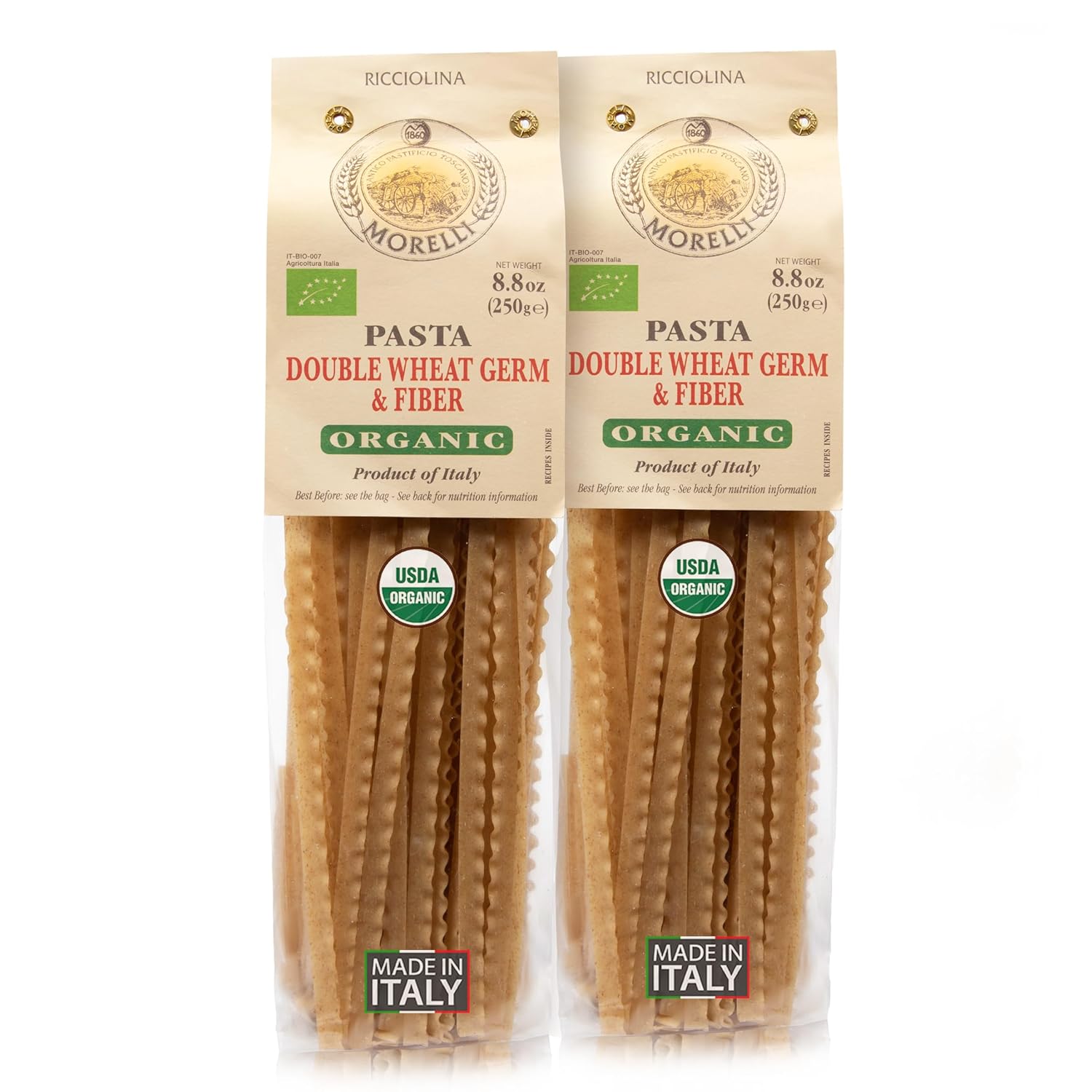 Morelli Mafalda Pasta, High Fiber Mafaldine Pasta, Imported from Italy (Ricciolina, Reginette With Bran and Double Wheat Germ) - 8.8 oz / 250 g (Pack of 2)