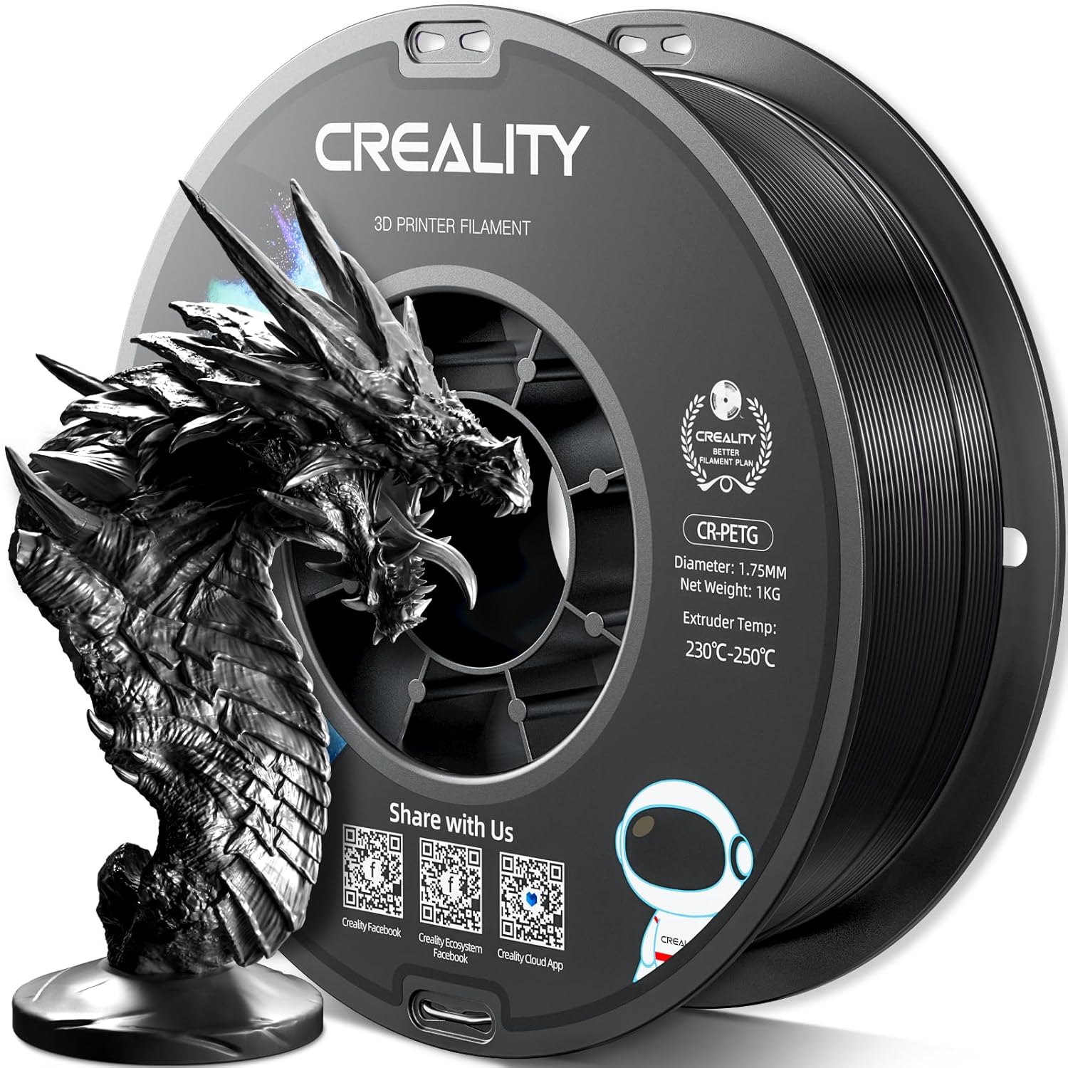 Creality PETG Filament 1.75mm 3D Printer Filament 1KG (2.2lbs), High Precision, Strong Toughness, Odorless, Dimensional Accuracy +/- 0.02 mm, Moistureproof 3D Filament for FDM 3D Printer, Black
