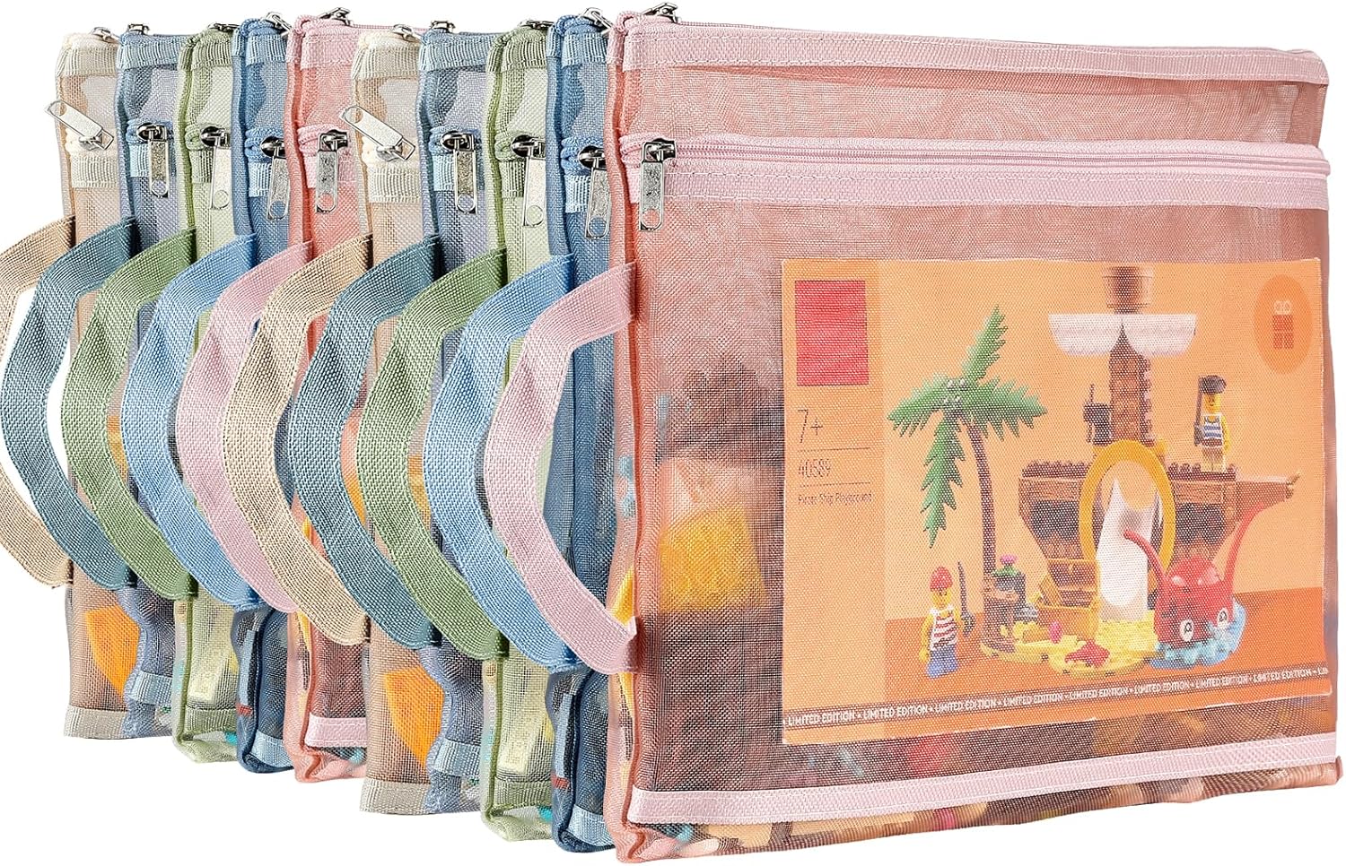 Colored Mesh Zipper Pouch Bags, 10pcs A4 Double-Layer Nylon Puzzle Building Block Sets Toy Storage & Organization, Breathable See Through Zipper Pouch with Handle Pocket for School Office Games