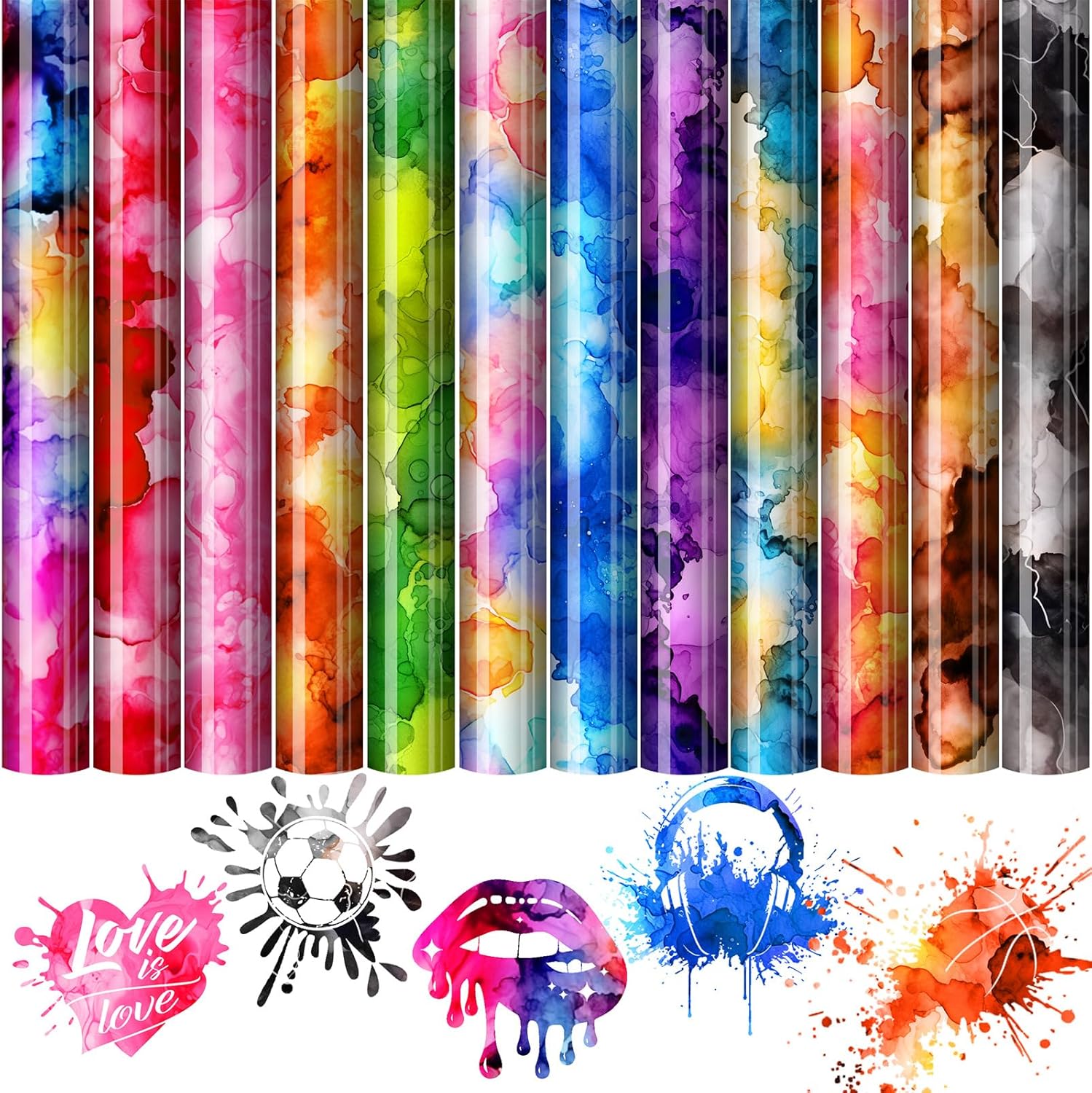 DoreenBow 12 Sheets Watercolor HTV Heat Transfer Vinyl Bundle Camo Pattern Vinyl PU Tie Dye Iron on Vinyl for T-Shirts Clothes Bags Hats