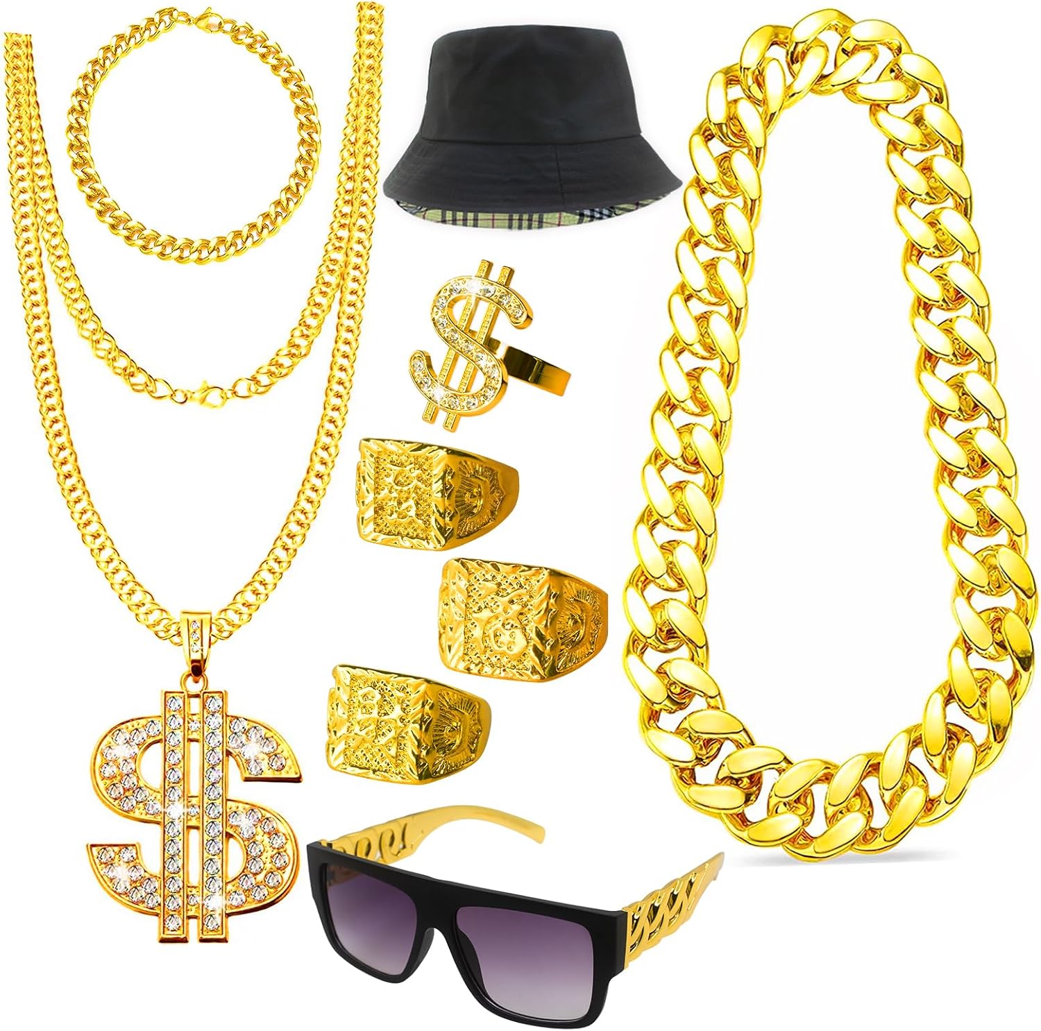 Hip Hop Costume Kit 80s 90s Rapper Accessories, Outfits for Men Women Cosplay Club Old School Themed Party Supplies