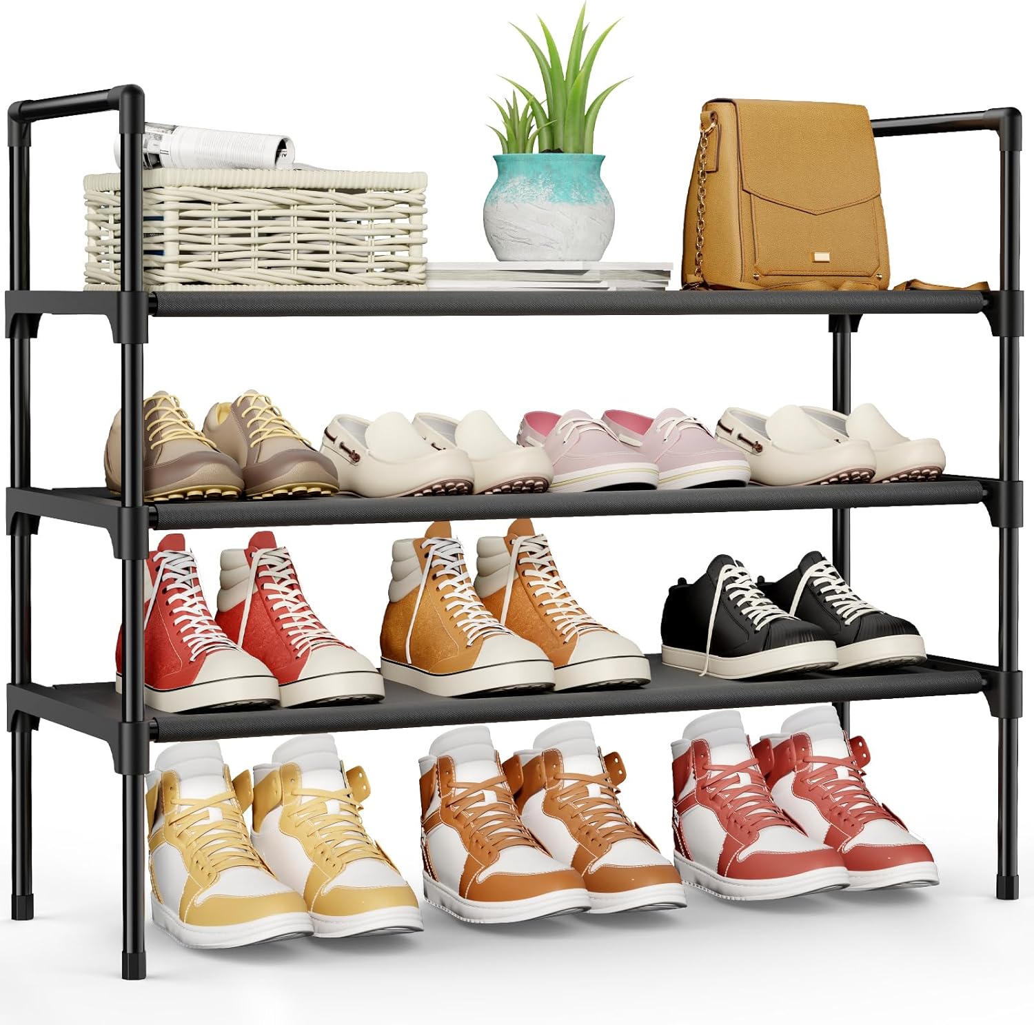 Kitsure Shoe Rack - 3-Tier Shoe Organizer, Shoe Rack for Closet, Entryway, Bedroom, Easy- Assembly Storage Shelf with Side Handles, 27.6" x 11.8" x 28.4", Black